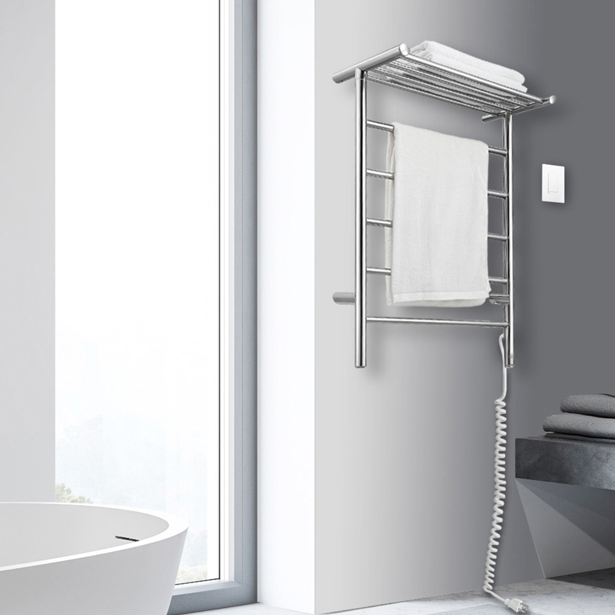Miazzo 5 Bar Electric Wall Mount Towel Warmer with Shelf - Plug In or Hardwire, Polished Stainless Steel, WiFi Timer - Perfect for Bathroom, Spa, Gym & Luxury Home Heating