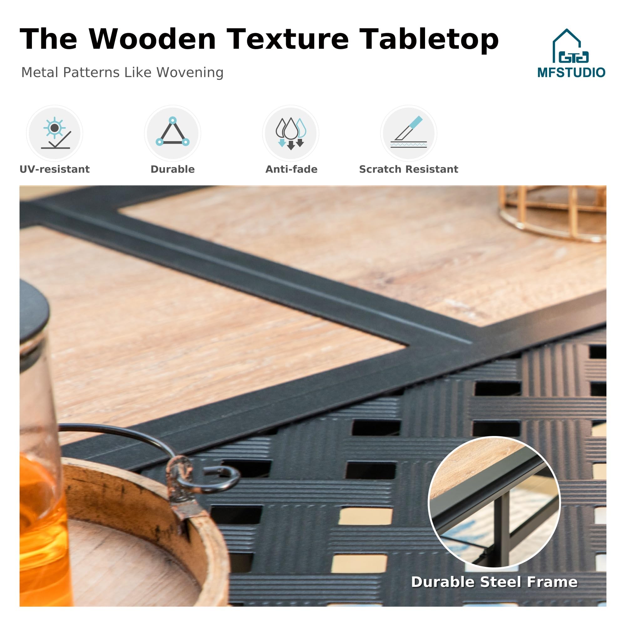 MFSTUDIO 6-Person Outdoor Patio Dining Table with Metal Frame & Weather-Resistant Tabletop - Rectangular Backyard Furniture with Adjustable Umbrella Hole for Garden, Deck, Poolside Dining