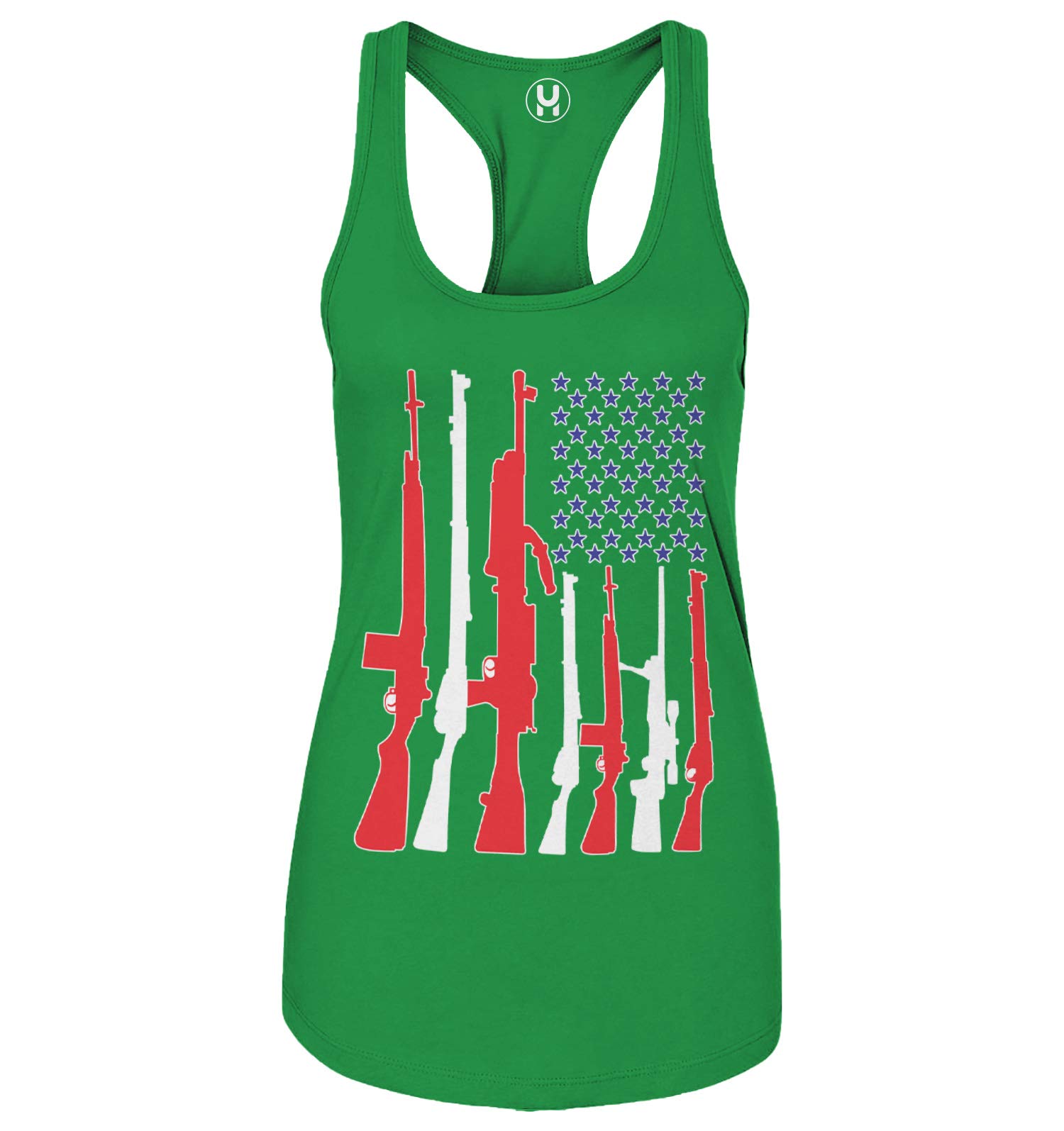 Haase Unlimited Machine Gun American Flag Patriotic Ladies Tank Top - Red White & Blue Graphic Tee for 4th of July, BBQ Parties & Casual Summer Outfits
