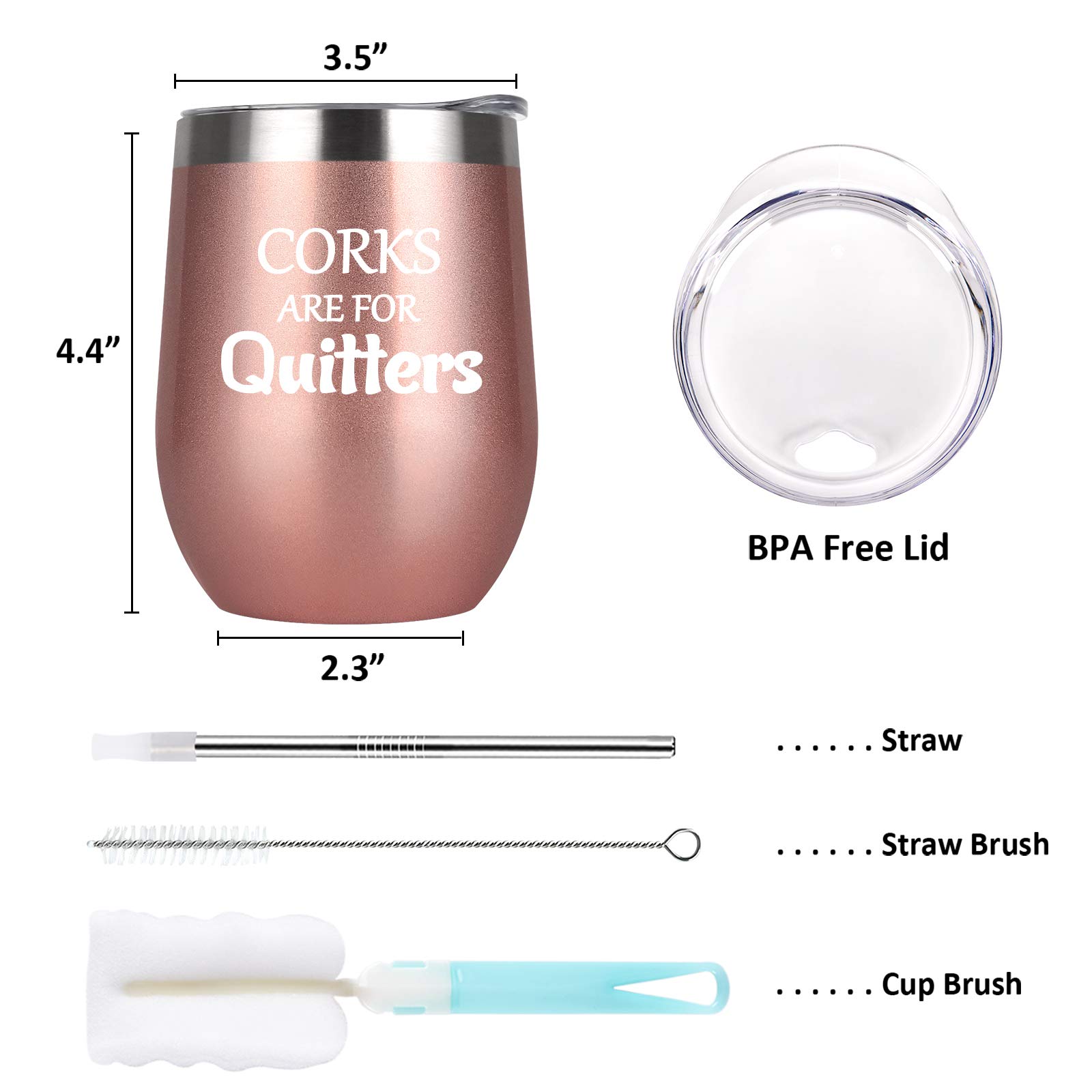Stainless Steel Wine Tumbler with Lid - 12oz Rose Gold Insulated Stemless Cup for Women | Unique Birthday & Christmas Gift for Wine Lovers | Perfect for Parties, Picnics & Home Entertaining