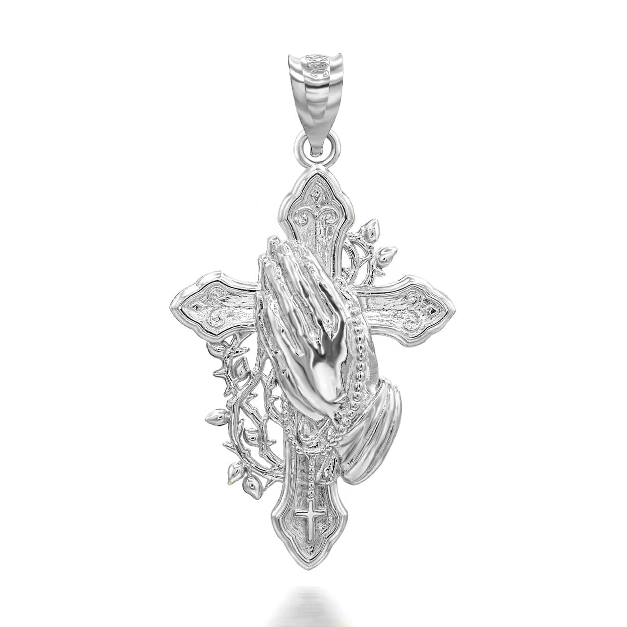 10k Gold Cross Pendant with Praying Hands & Rosary - Religious Jewelry for Baptism, First Communion & Spiritual Gifts
