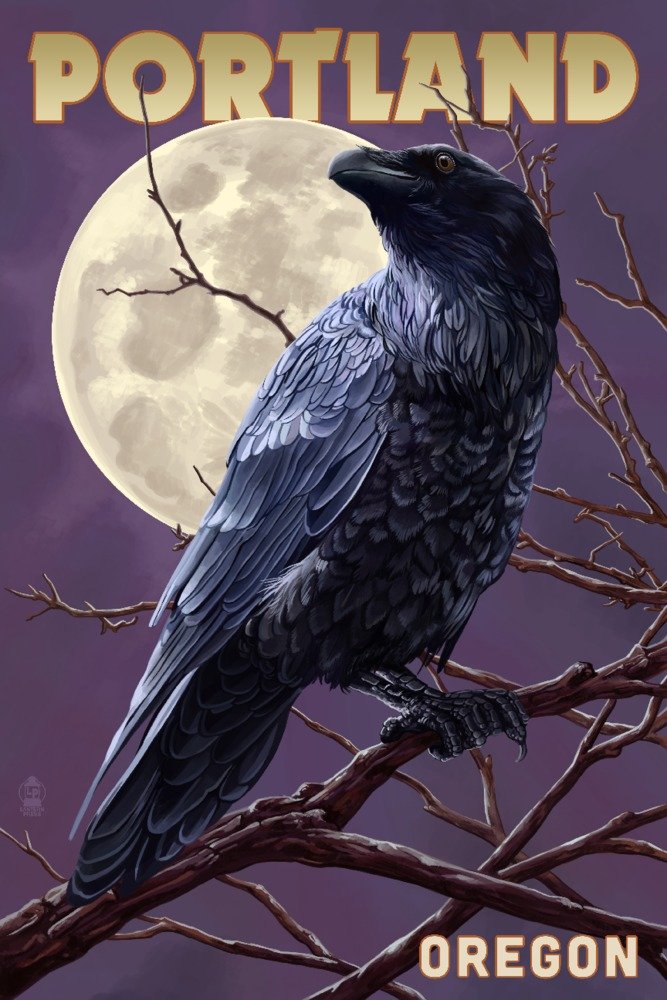 Signed Art Print - Raven and Moon Purple Sky Wall Decor Poster (24x36) | Portland Oregon Landscape | Home & Office Wall Art