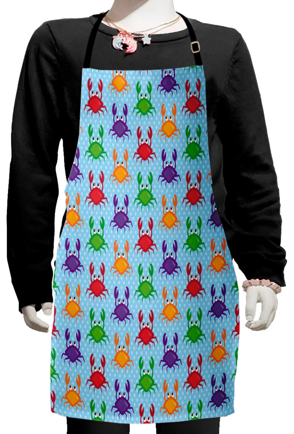 Ambesonne Crabs Apron - Adjustable Bib Apron with Cartoon Crab & Bubble Print for Baking, Cooking, Painting & Crafting - Small Size Multicolor Kitchen Apron for Adults & Kids