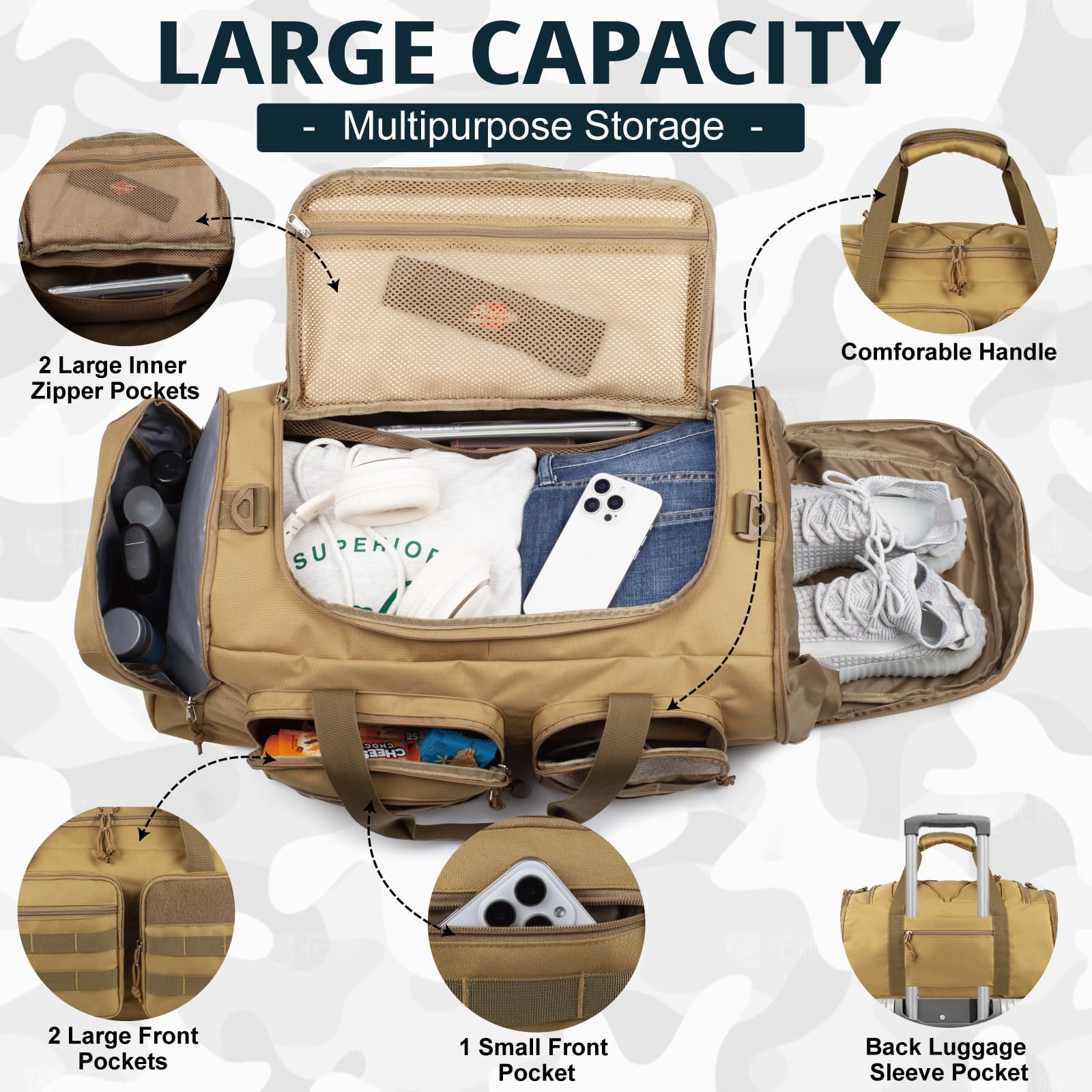 50L Large Tactical Gym Bag for Men & Women - 3-in-1 Sports Duffle Bag with Shoe Compartment, Water Resistant Travel Backpack for Gym, Workout, Travel & Weekend Getaways | Perfect for Fitness Enthusiasts & Frequent Travelers