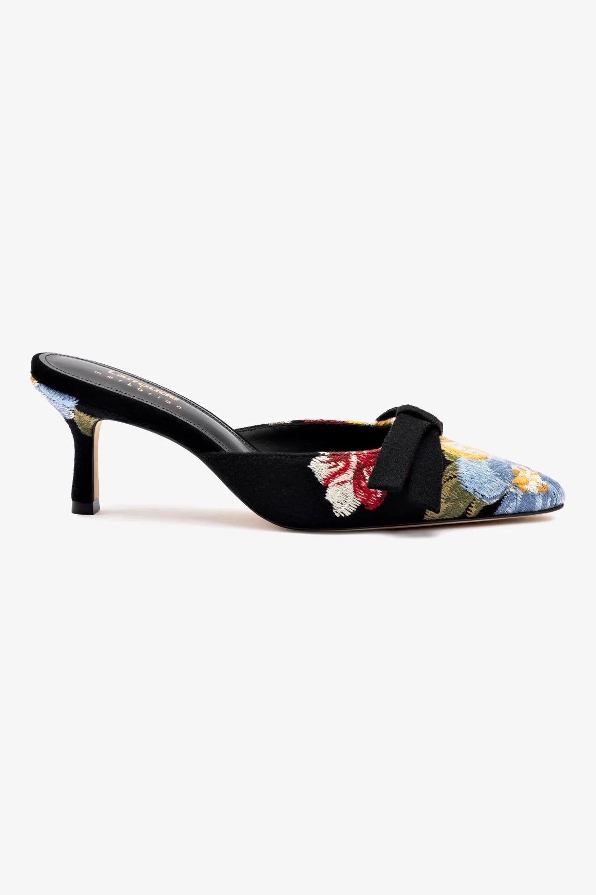 Larroudé x Markarian Black Wool Mule Shoes with Floral Embroidery - Elegant Slip-On Loafers for Women | Perfect for Office, Parties & Special Occasions