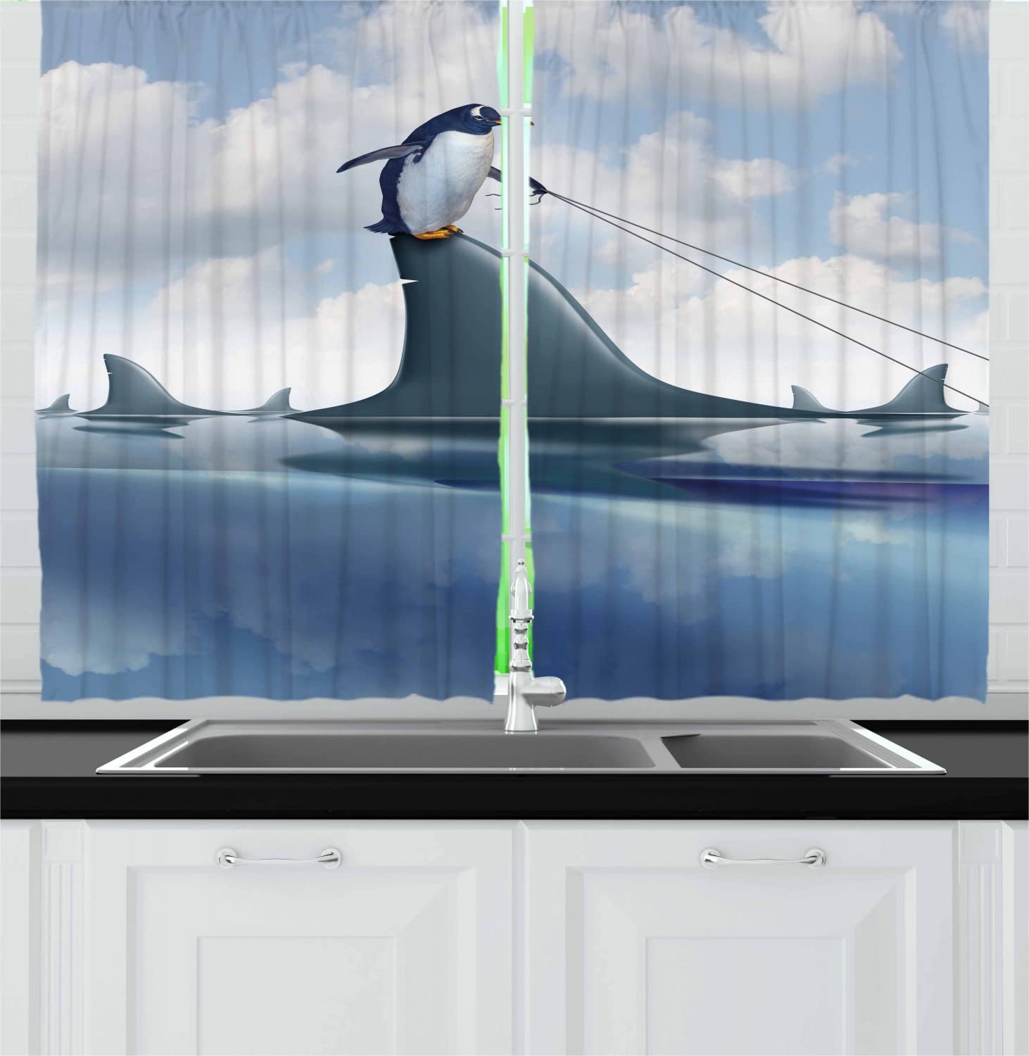 Ambesonne Shark & Penguin Humor Kitchen Curtains - Funny Fear Management Leadership Design, 2 Panel Rod Pocket Drapes, 55 x 45 Inches, Blue Grey - Perfect for Coastal, Nautical or Humorous Home Decor