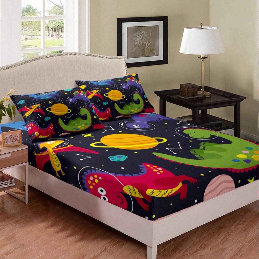 Dinosaur Space Cartoon Twin XL Bed Sheet Set - Cute Dino Print Duvet Cover with Planets for Boys & Girls | Soft 2-Piece Kids Bedding (Fitted Sheet + Pillowcase) | Perfect for Kids' Rooms, Birthday Gifts & Space-Themed Decor