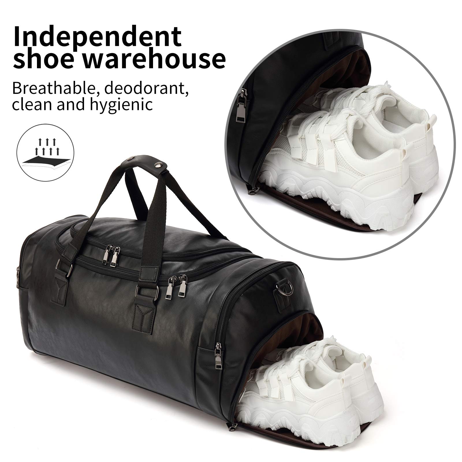 Premium Leather Travel Duffel Bag for Men & Women with Shoe Compartment - Water-Resistant Black Carry-On Luggage for Gym, Weekend Trips & Business Travel