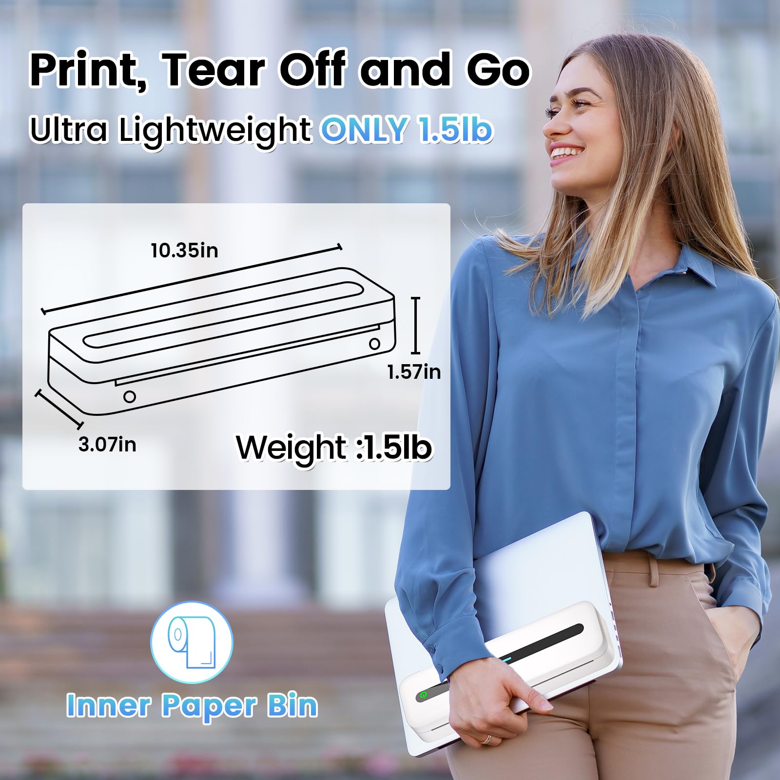 Upgrade Wireless Portable Thermal Printer with Paper Bin - Rechargeable Travel Printer for US Letter & Multiple Sizes | Perfect for On-the-Go Printing, Business Trips & Mobile Offices