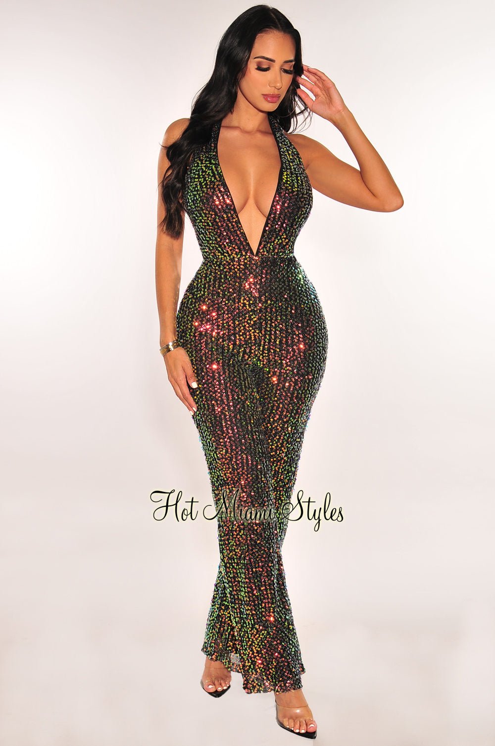 Black & Green Mermaid Sequin Deep V-Neck Halter Open Back Wide Leg Jumpsuit for Women - Sexy Party Outfit, Clubwear, Evening Dress, Prom, Night Out, Date Night, Special Occasion