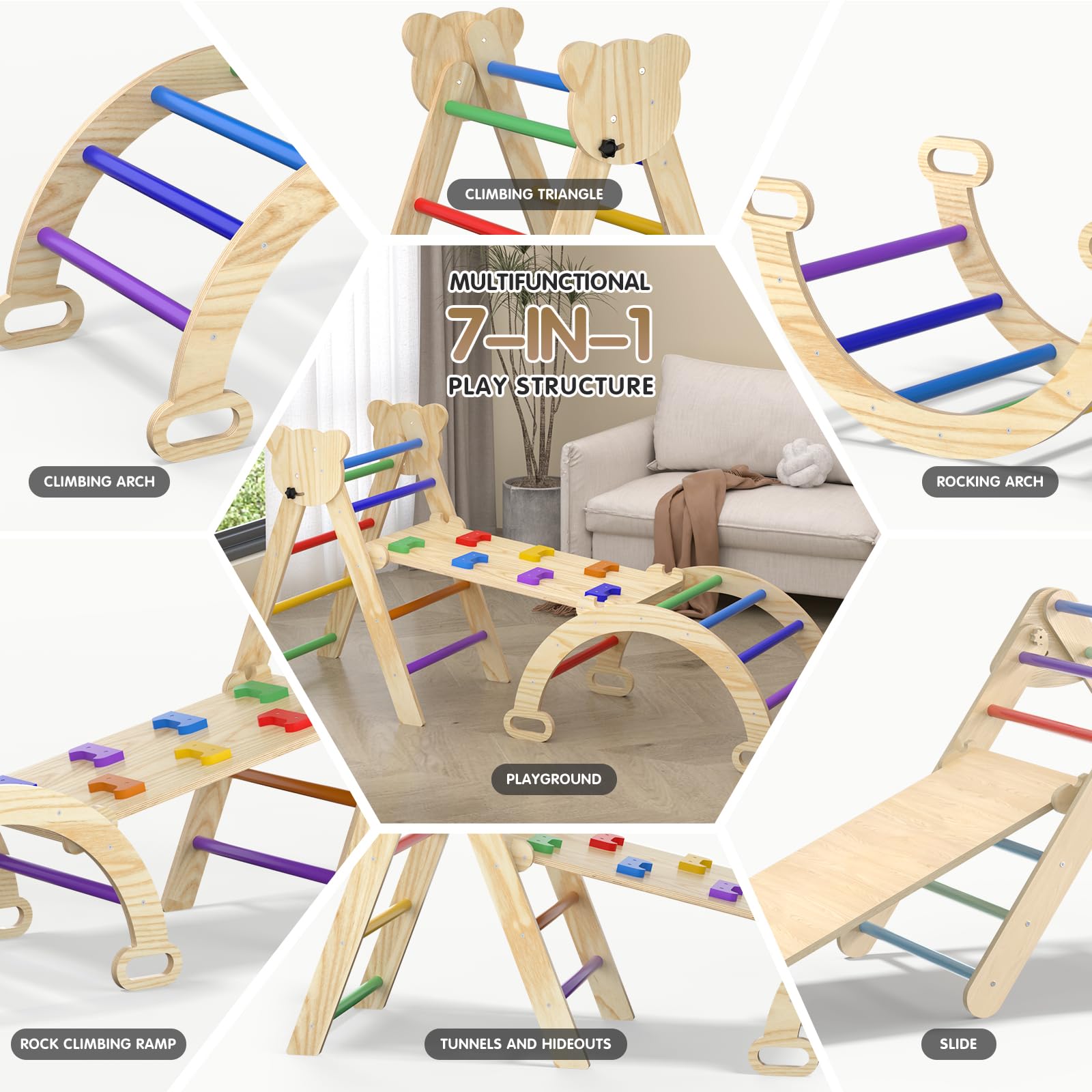 7 in 1 Montessori Pikler Triangle Set - Foldable Wooden Climbing Gym for Toddlers with Arch, Ramp & Ladder - Indoor Baby Climbing Toys for Home Playroom & Nursery Development