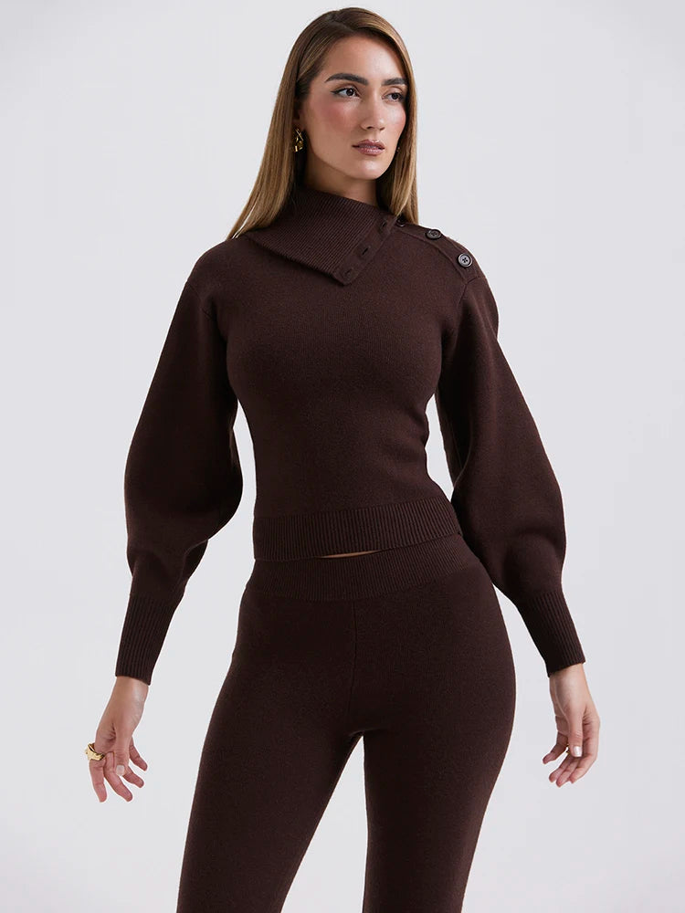 Women's Autumn Winter Fashion Sweater Set - Polo Neck Long Sleeve Top & Slim Elastic Pants 2 Piece Outfit for Casual Streetwear & Office Wear
