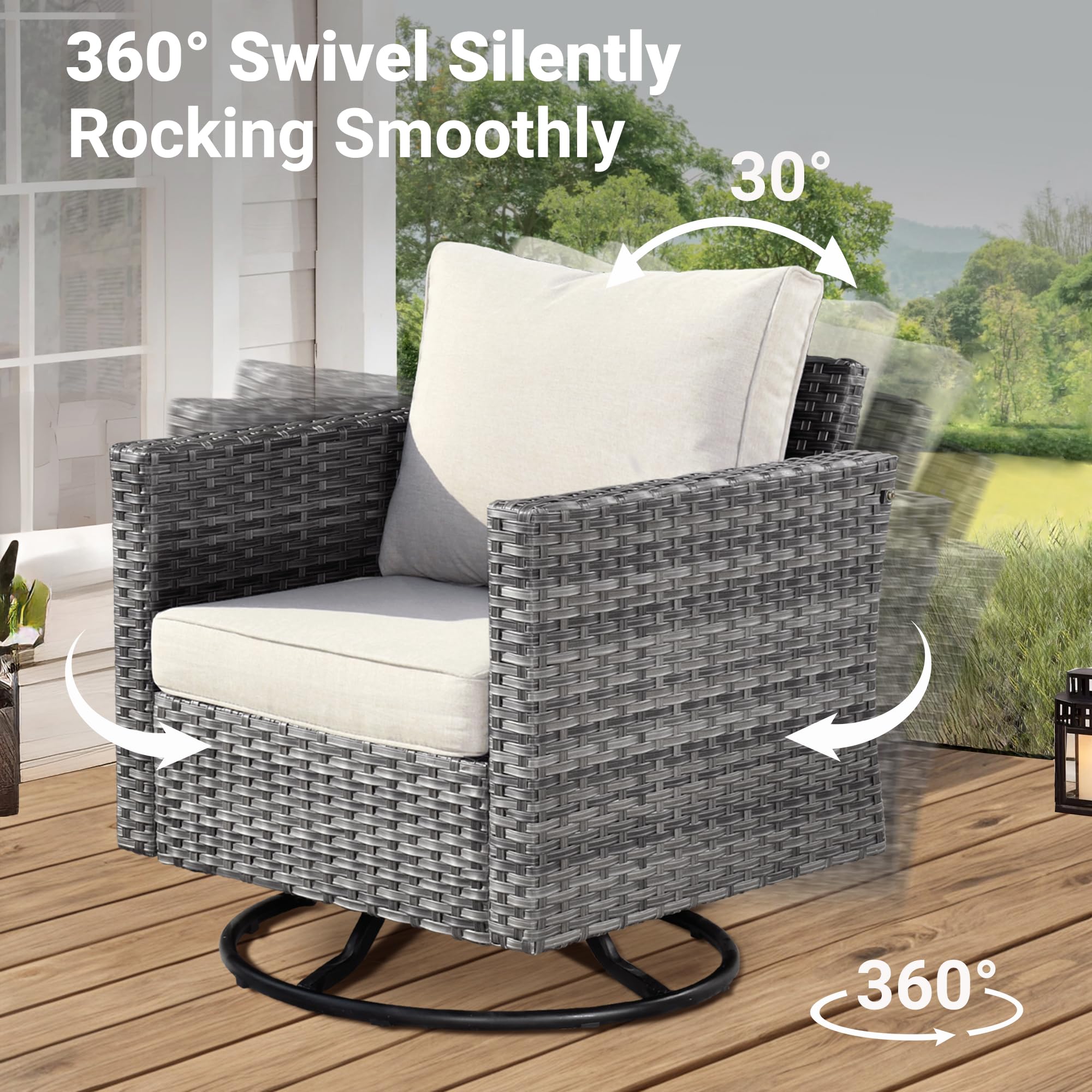 6-Piece Outdoor Patio Furniture Set with Square Fire Pit Table, Swivel Rocking Chairs & Loveseat - High Back Wicker Rattan Conversation Set for Deck, Porch, Backyard (Beige) | Perfect for Entertaining, Relaxing & Outdoor Gatherings