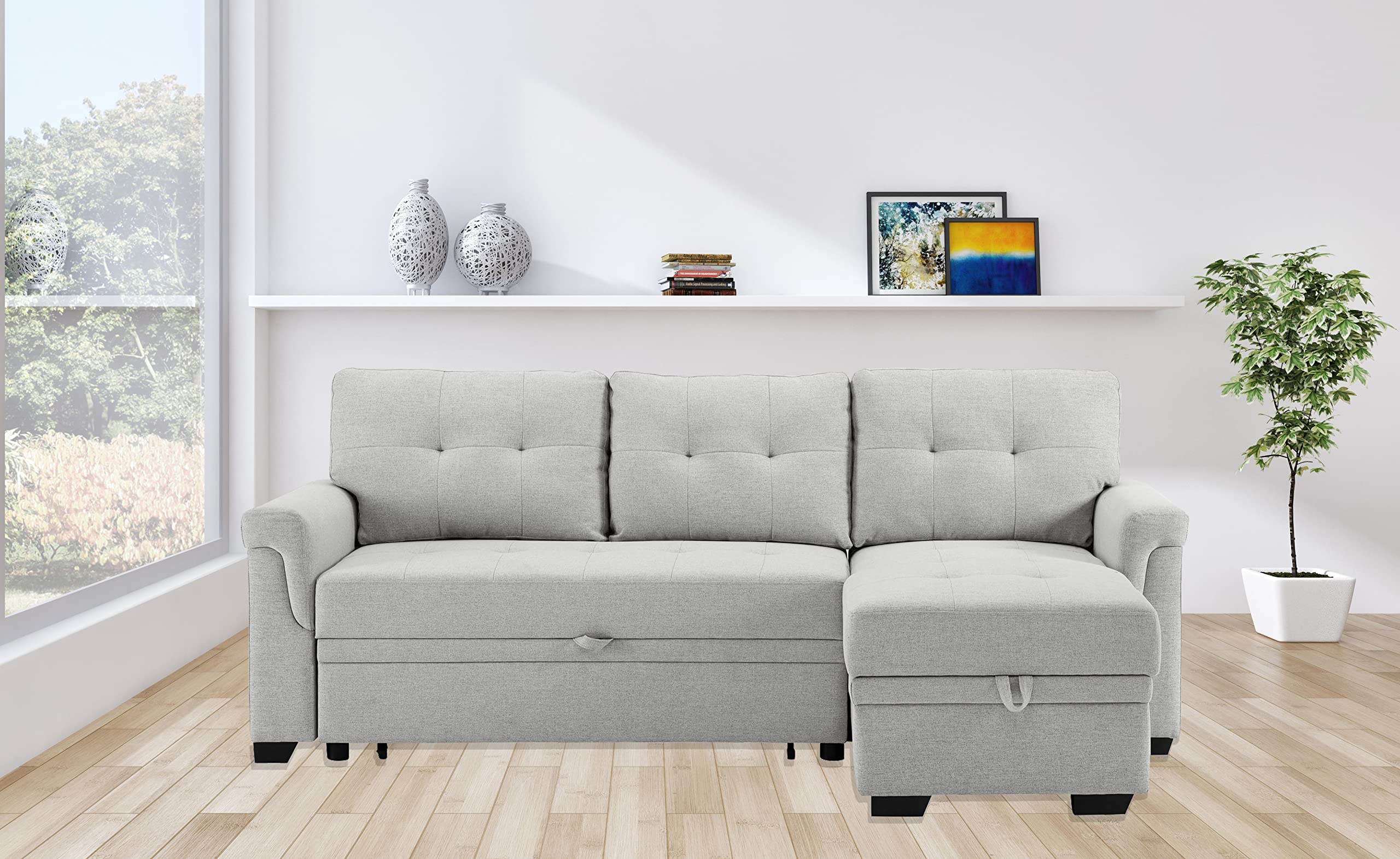 Lilola Home Destiny Light Gray Linen Reversible Sleeper Sectional Sofa with Storage Chaise - Modern Convertible Couch Bed for Small Spaces, Living Room, Apartment & Guest Room