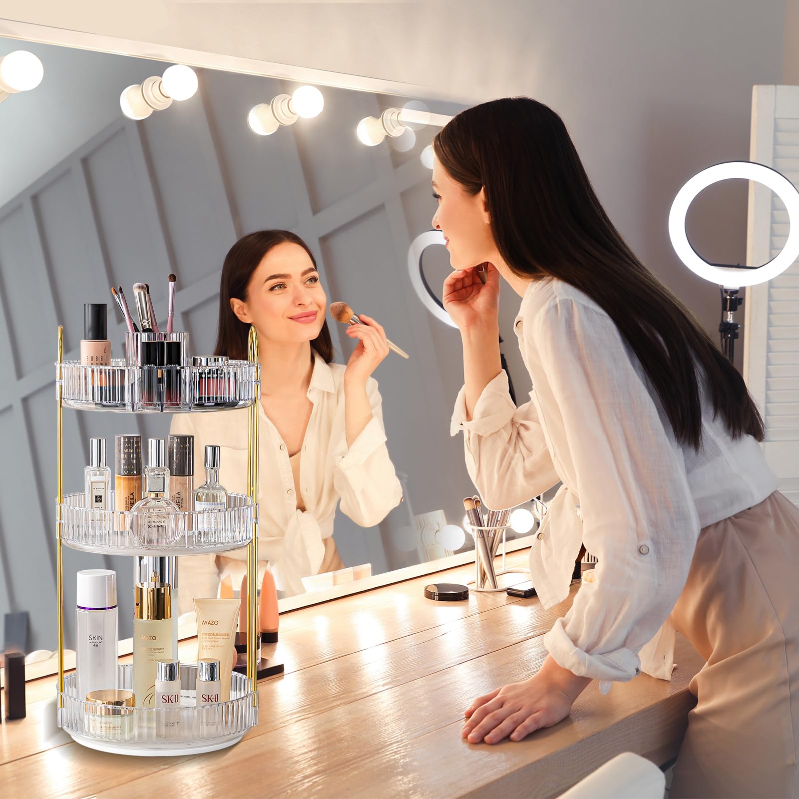 360° Rotating Makeup Organizer with Brush Holder - 3-Tier Large Capacity Cosmetic Storage for Skincare, Perfume & Beauty Products - Perfect for Bedroom Vanity, Bathroom Countertop & Dresser Organization (White) - Ideal for Daily Makeup Routine & Travel Storage