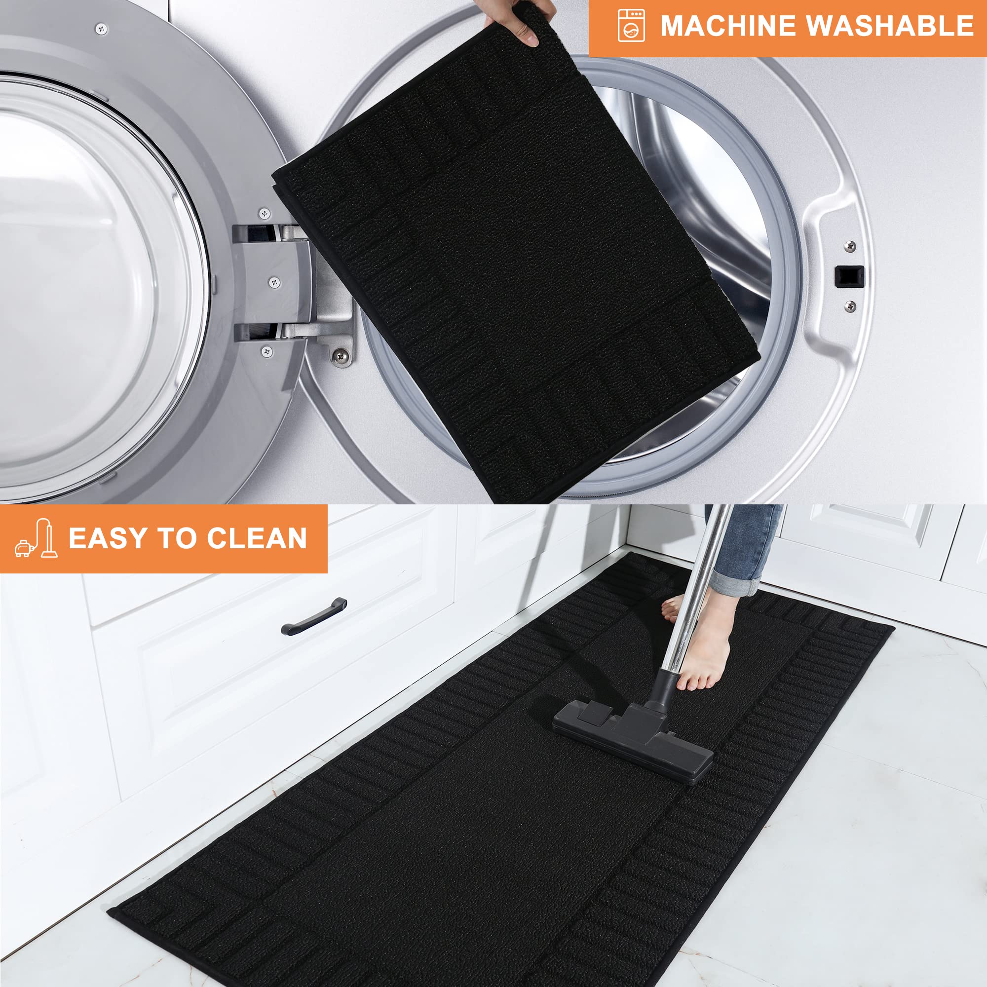 BEQHAUSE 2-Pack Non-Slip Kitchen Rugs and Mats, Absorbent Washable Floor Mats for Kitchen (24x35inch & 24x60inch, Black) - Perfect for High-Traffic Areas, Sink Front & Cooking Spaces