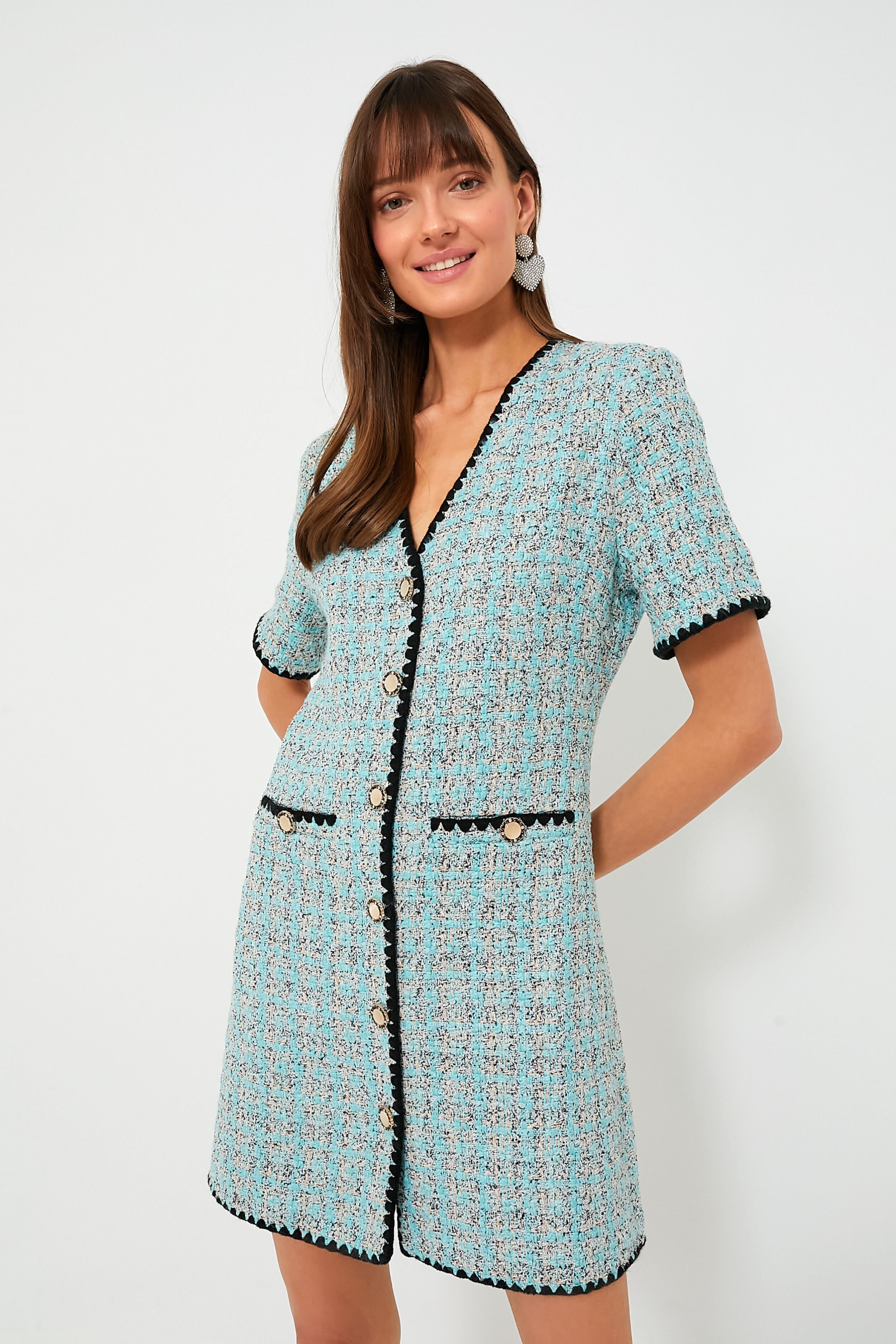 Blue Tweed Josephine Dress - Elegant Women's Vintage Style Dress for Parties, Weddings & Special Occasions