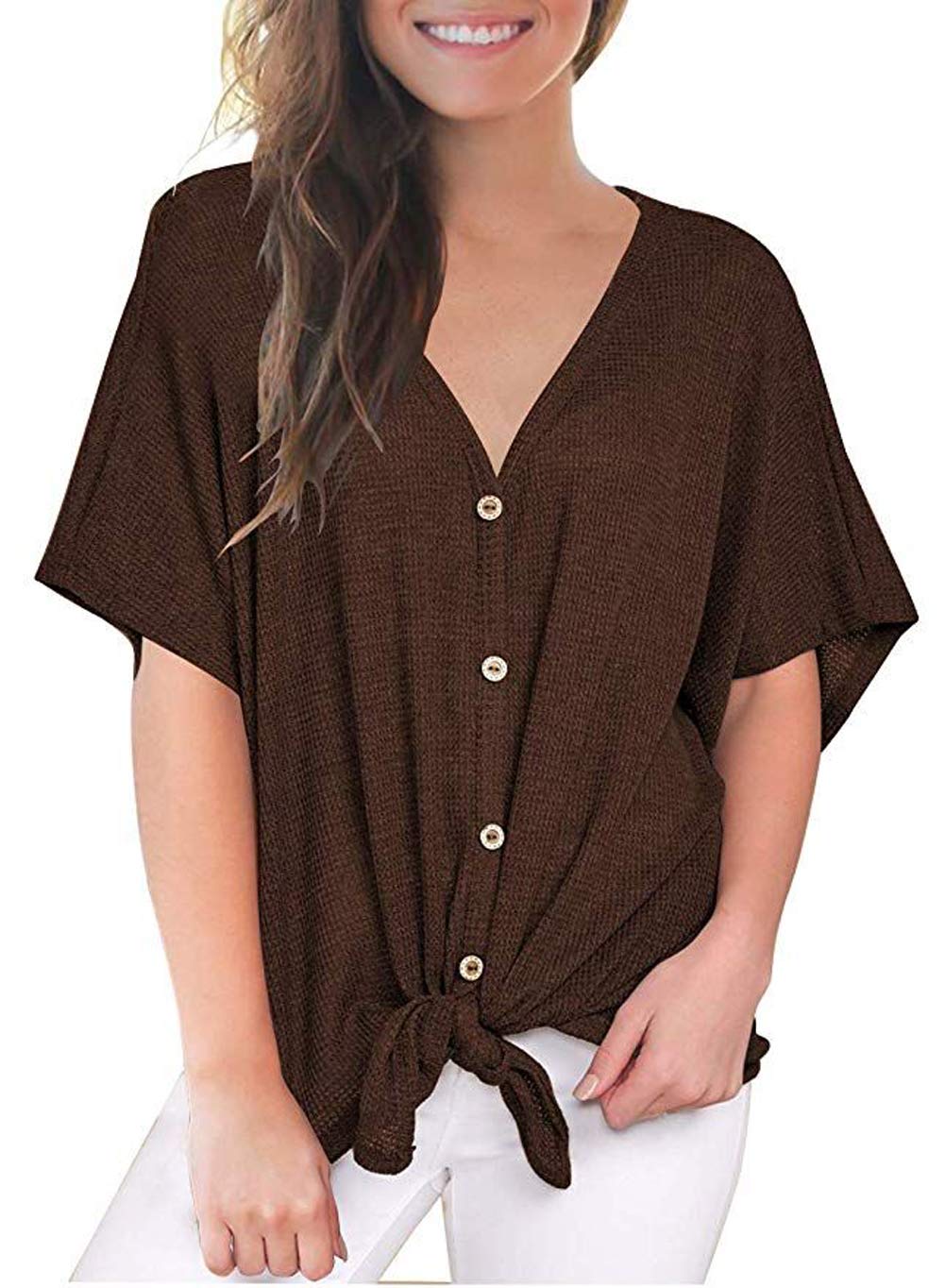 Fronage Women's V-Neck Long Sleeve Shirts - Soft Waffle Knit Casual Tops & Loose Blouses for Everyday Wear, Work & Fall Outfits