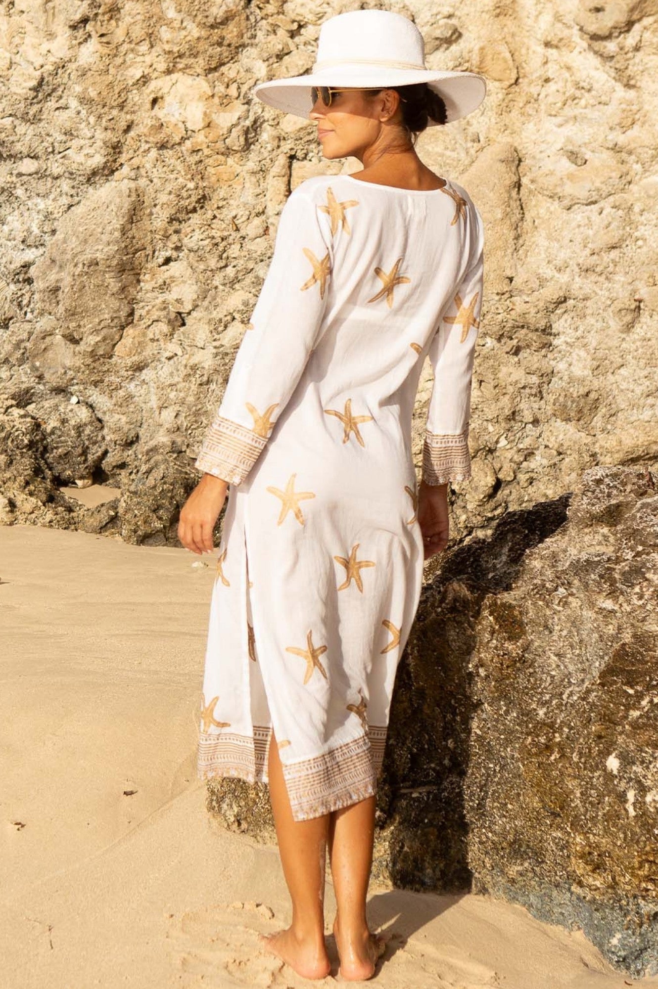 Guadalupe Maxi Organic Cotton Tunic Dress - Starfish White & Gold | Boho Chic Women's Summer Dress for Beach, Vacation & Casual Wear