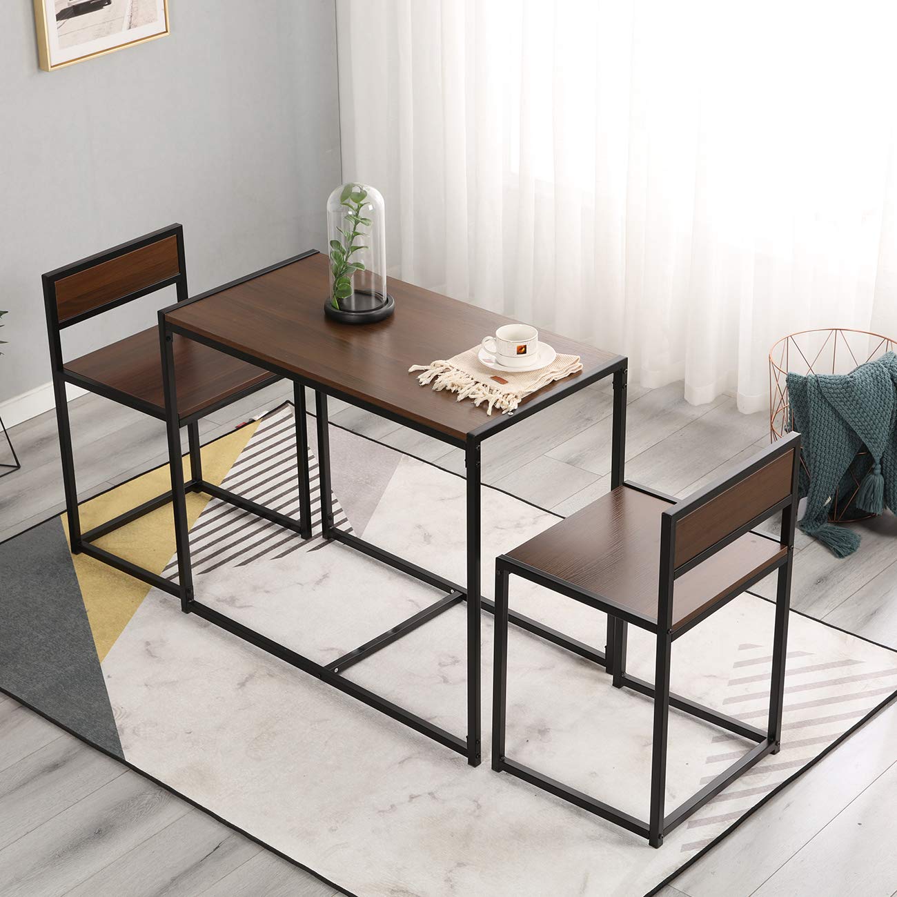 SogesPower 3-Piece Dining Table Set - Breakfast Nook & Kitchen Table with 2 Chairs, Walnut Finish - Perfect for Small Spaces, Apartments, and Home Offices