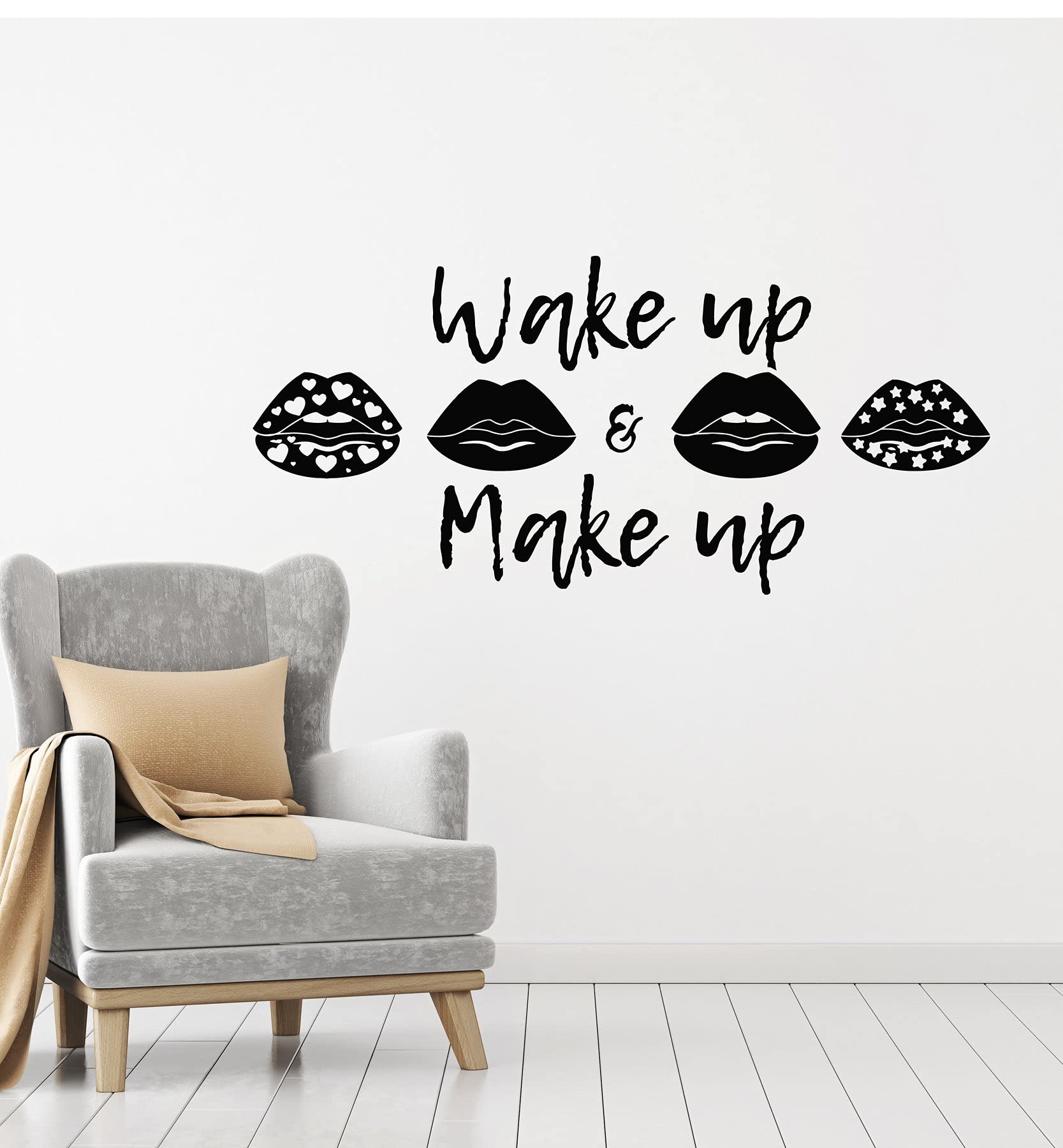 VVWV Motivational Wall Decal Sticker - Wake Up & Make Up Quote for Beauty Salon, Barbershop, Spa, Nail Studio - 65x40cm Self-Adhesive Art Decor - Perfect for Salon Inspiration & Makeup Room Decor