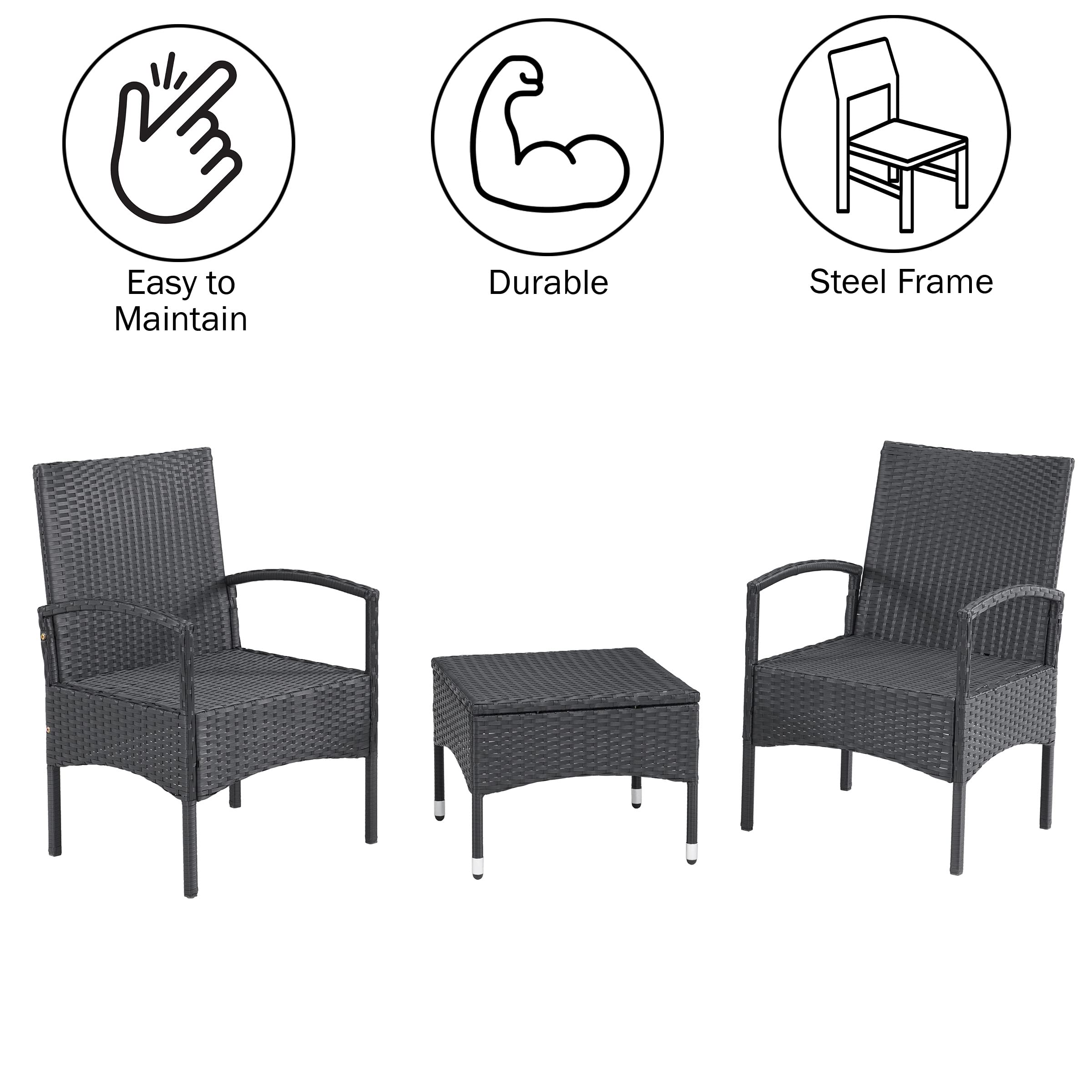 Premium Gray Outdoor Patio Set - 3-Piece Rattan Furniture Combo with 2 Chairs & Table for Deck, Balcony, Porch | Durable Weather-Resistant Wicker Seating for Backyard, Garden & Poolside Relaxation