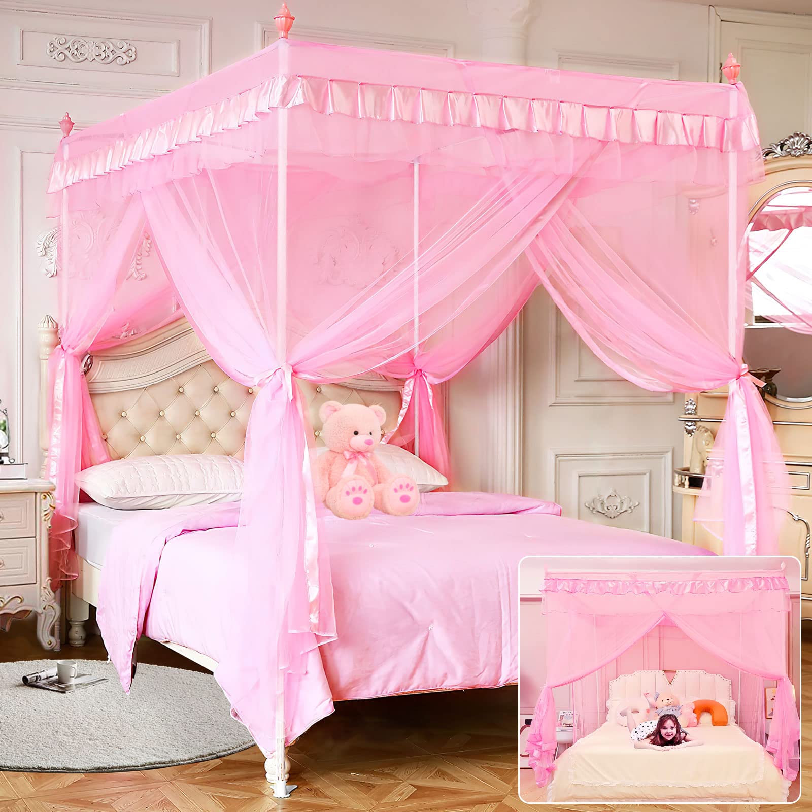 Princess Canopy Bed Curtains for Girls - Pink Twin Size Bed Canopy with Drapes, Romantic Room Decor for Kids & Adults, Perfect Birthday Gift for Bedroom, Nursery, or Dorm Room