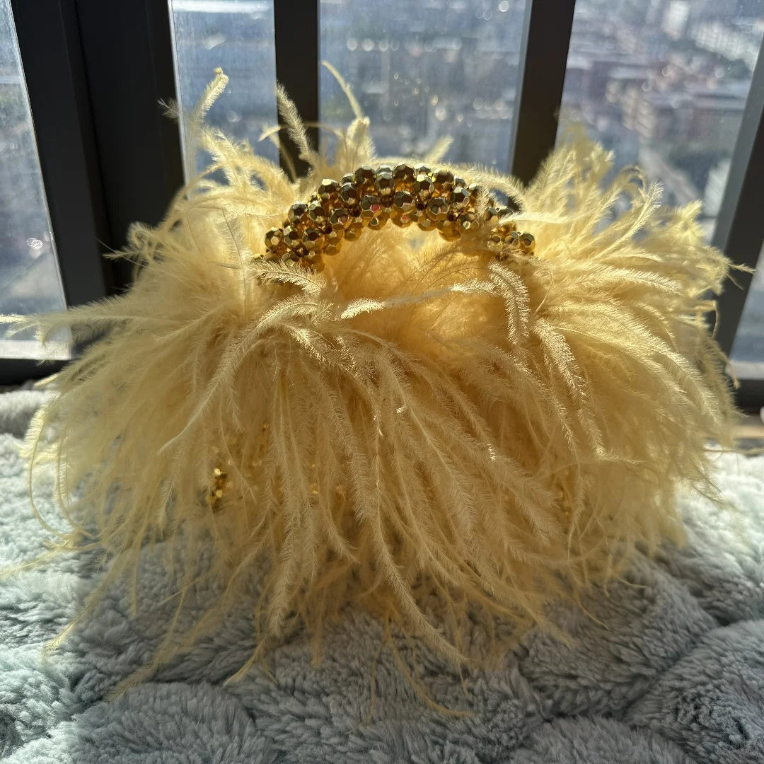 Handmade Designer Pearl Bead Bag with Feather Fur Trim - Elegant Acrylic Crystal Stone Evening Tote Clutch for Women | Perfect for Parties, Weddings & Special Occasions