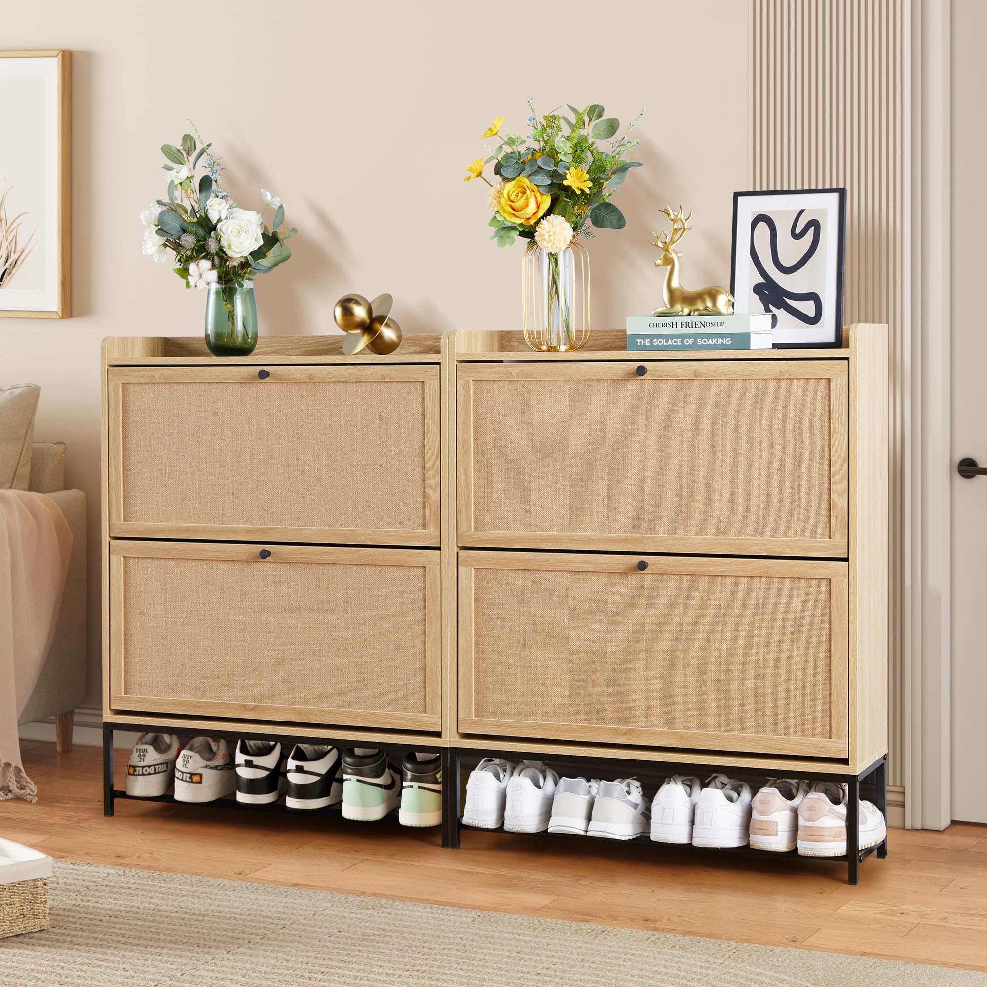 LEVNARY Wooden Shoe Storage Cabinet with 2 Flip Drawers - Narrow Freestanding Shoe Rack Organizer for Entryway & Hallway - Natural Oak Finish with Sturdy Metal Legs - Perfect for Small Spaces, Apartment Living & Closet Organization
