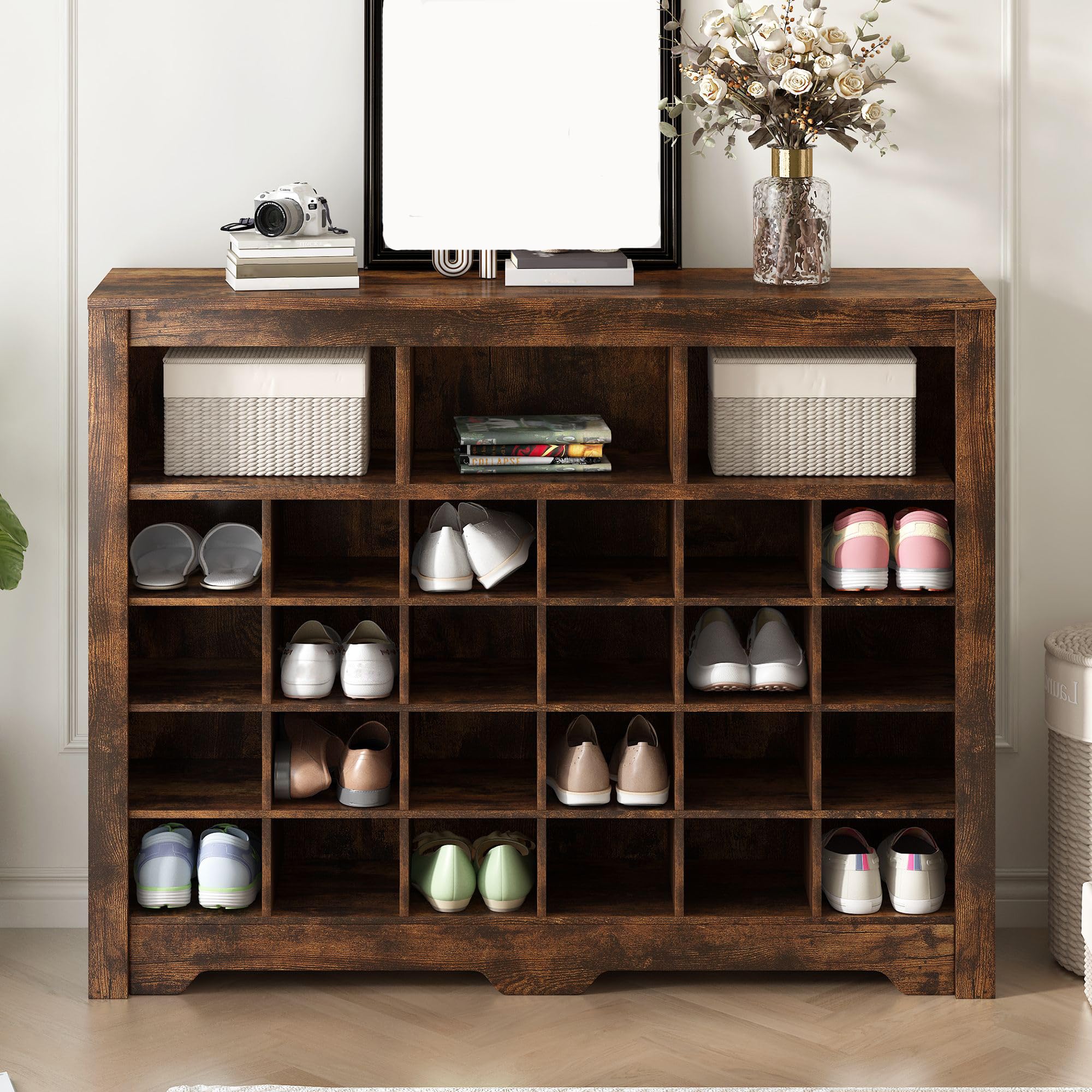 **CuisinSmart Modern 24-Shoe Storage Cabinet, Freestanding 5-Tier Wooden Shoe Rack Organizer with Curved Base - Entryway, Hallway, Bedroom & Living Room Storage Solution (Brown)**    **Perfect for Small Spaces, Entryway Organization, and Stylish Shoe Storage**