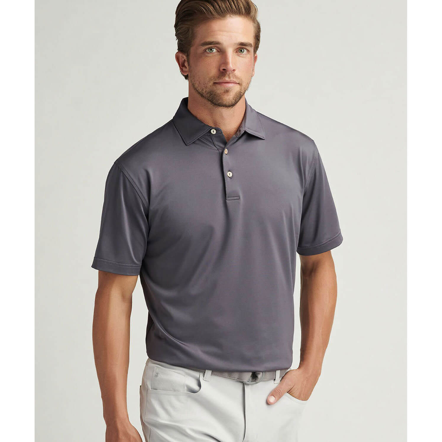 Peter Millar Solid Performance Jersey Sean Self Collar Polo Shirt for Men - Breathable Iron Color Golf & Casual Wear - Perfect for Office, Golfing & Weekend Outings