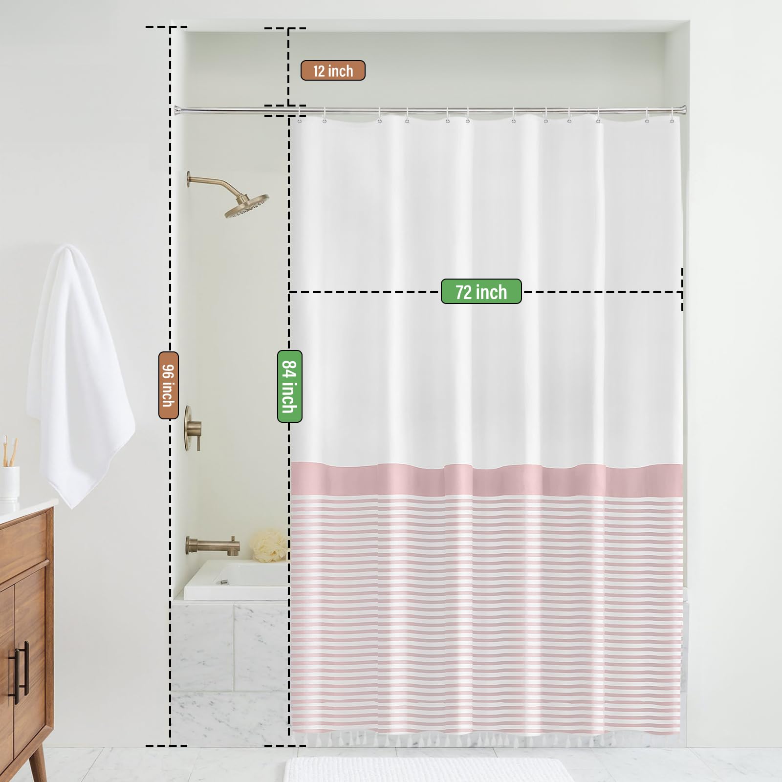Seasonwood Pink and White Striped Waterproof Shower Curtain with Tassel Trim - 72x84 Inch Long Fabric Bathroom Curtain for Shower Decor - Perfect for Boho, Farmhouse or Modern Bathroom Styles