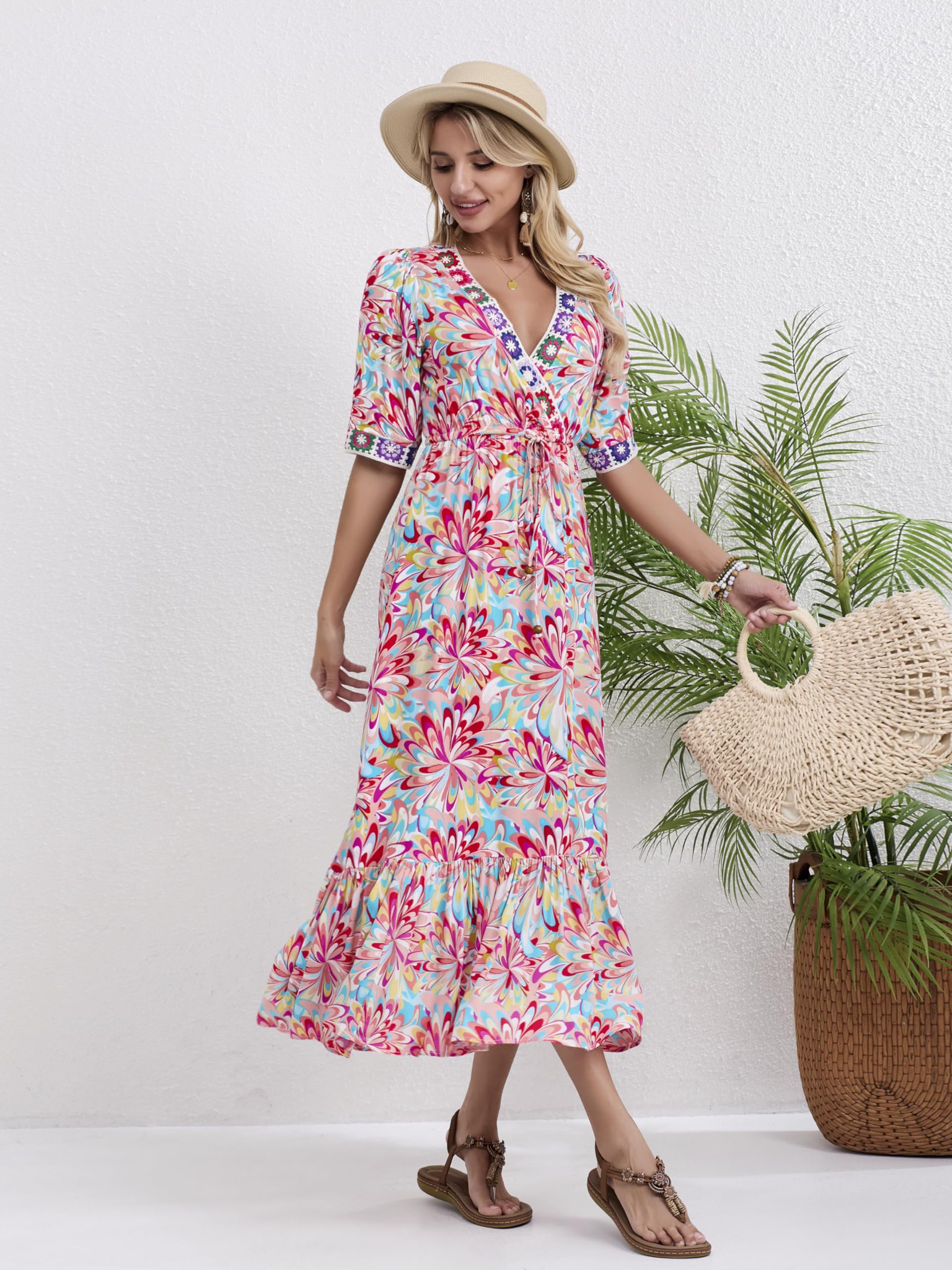 Women's Floral Print V-Neck Short Sleeve High Waist Bohemian Midi Dress - Perfect for Summer Casual Wear, Beach Vacation & Boho Chic Outfits