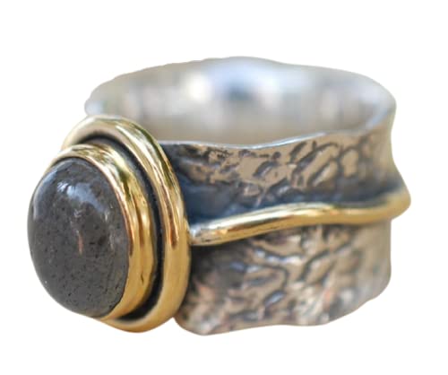 Natural Labradorite Women's Ring - 925 Sterling Silver Antique Wide Statement Wave Band Ring | Mother's Day Gift, Wedding Gift for Her, Two-Tone Jewelry | Perfect for Boho Fashion, Spiritual Healing & Special Occasions