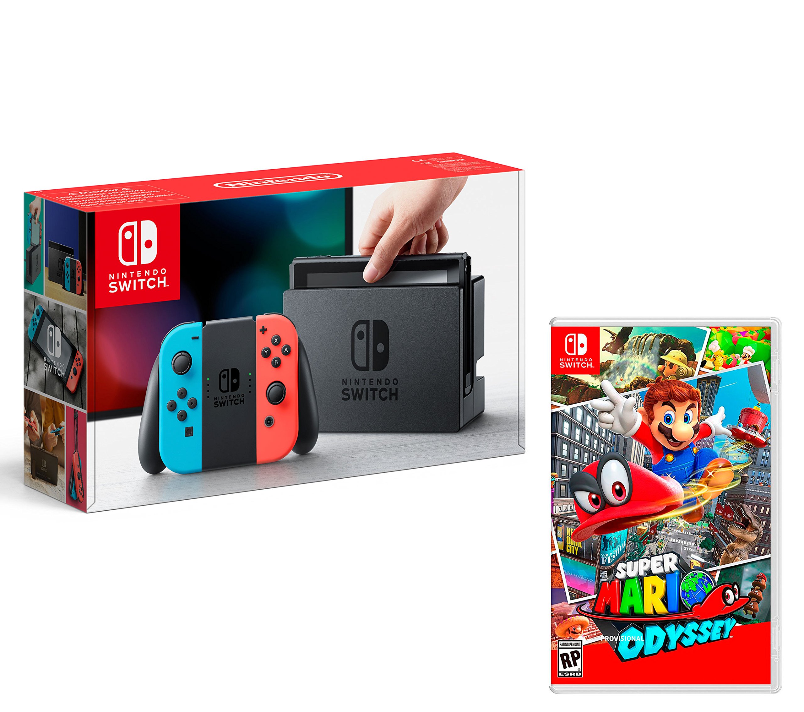 Nintendo Switch Console with Neon Red/Blue Joy-Con - 32GB Storage - Includes Super Mario Odyssey Game - Perfect for Home Gaming & Travel Entertainment