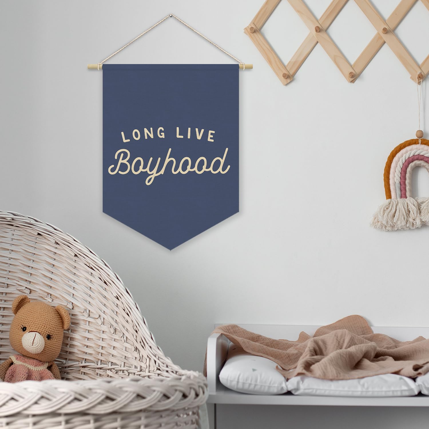 Navy Blue Boys Room Decor - Long Live Boyhood Canvas Banner for Nursery, Playroom & Teen Bedroom - 15x11 Inch Wall Hanging Flag - Perfect for Toddler Decorations, Birthday Parties & Boys Bedroom Themes