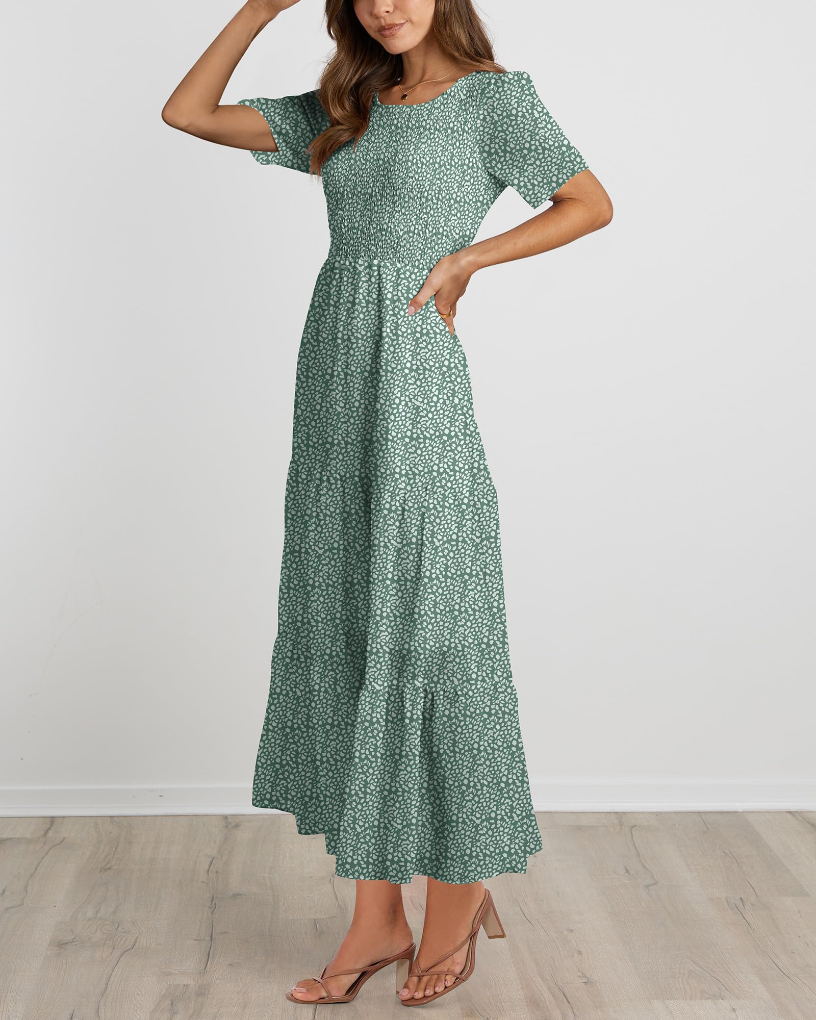 BTFBM Women's Bohemian Floral Print Maxi Dress - Short Sleeve Crew Neck Summer Casual Tiered Flowy Dress for Beach, Vacation & Cocktail Parties