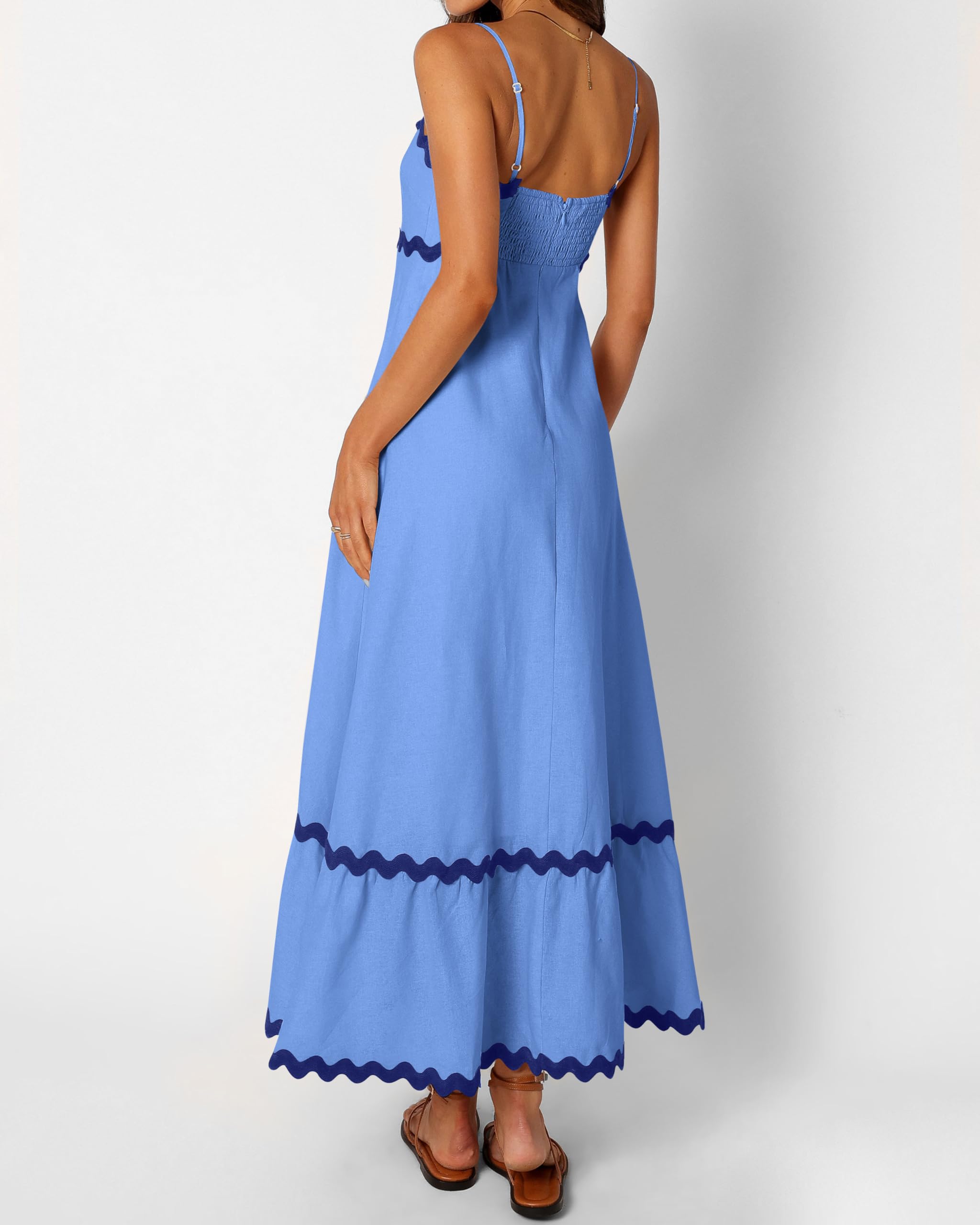 Dowerme Women's Summer Dresses 2025 - Spaghetti Strap Sleeveless Boho Flowy Midi Dress with Smocked Waist & Rickrack Trim | Perfect for Beach Vacation, Date Night & Casual Outings