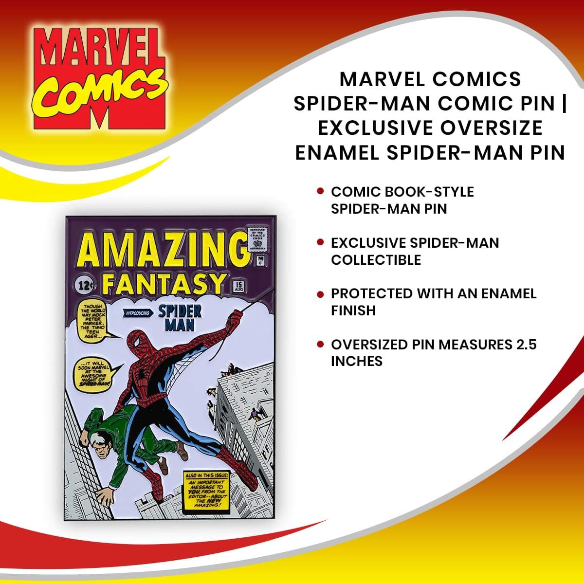Spider-Man Marvel Comics Enamel Pin - Original Amazing Fantasy Spider-Man Appearance | Exclusive Oversize Collectible Pin for Cosplay, Backpacks & Gifts | SalesOne International, LLC