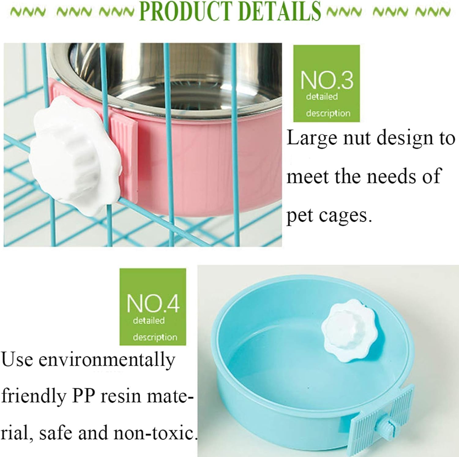 Kathson Removable Stainless Steel Hanging Pet Bowl - 2 Pack Dog Food & Water Feeder for Kennel, Cage, Coop - Perfect for Puppies, Cats, Rabbits & Guinea Pigs (Blue & Green) - Ideal for Travel, Camping & Outdoor Use