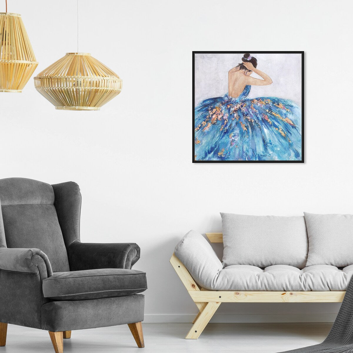 Elegant Princess Dress Glam Blue Framed Canvas Wall Art Print - Blue and Festive Home Decor for Bedroom, Living Room & Nursery - Perfect for Girls' Rooms, Birthday Gifts & Wall Decoration