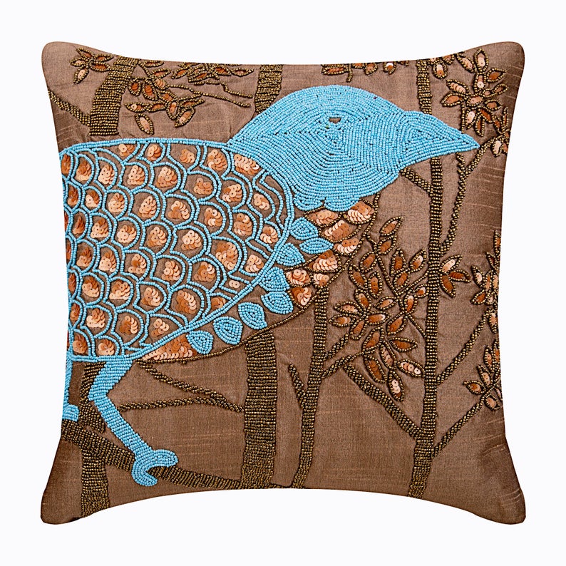 Birdy Heaven White Art Silk Throw Pillow Cover - Luxury Decorative Cushion Case for Sofa, Bed, Living Room & Home Decor