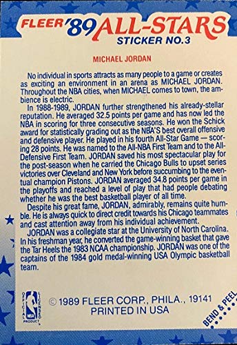 1989-90 Fleer Stickers #3 Michael Jordan Chicago Bulls Basketball Trading Card - Near Mint to Mint Condition - Perfect for Collectors, Sports Memorabilia Displays & NBA Fan Gifts