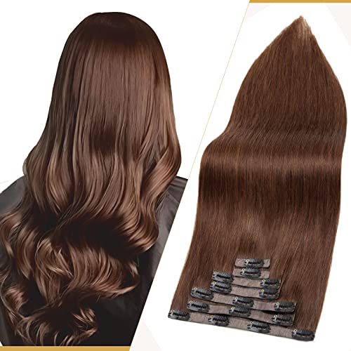 Benehair 16 Inch Seamless Clip-in Human Hair Extensions - Medium Brown (#4) - 7pcs 115g PU Skin Weft - Silky Straight Natural Hair for Women - Perfect for Daily Wear, Parties & Special Occasions