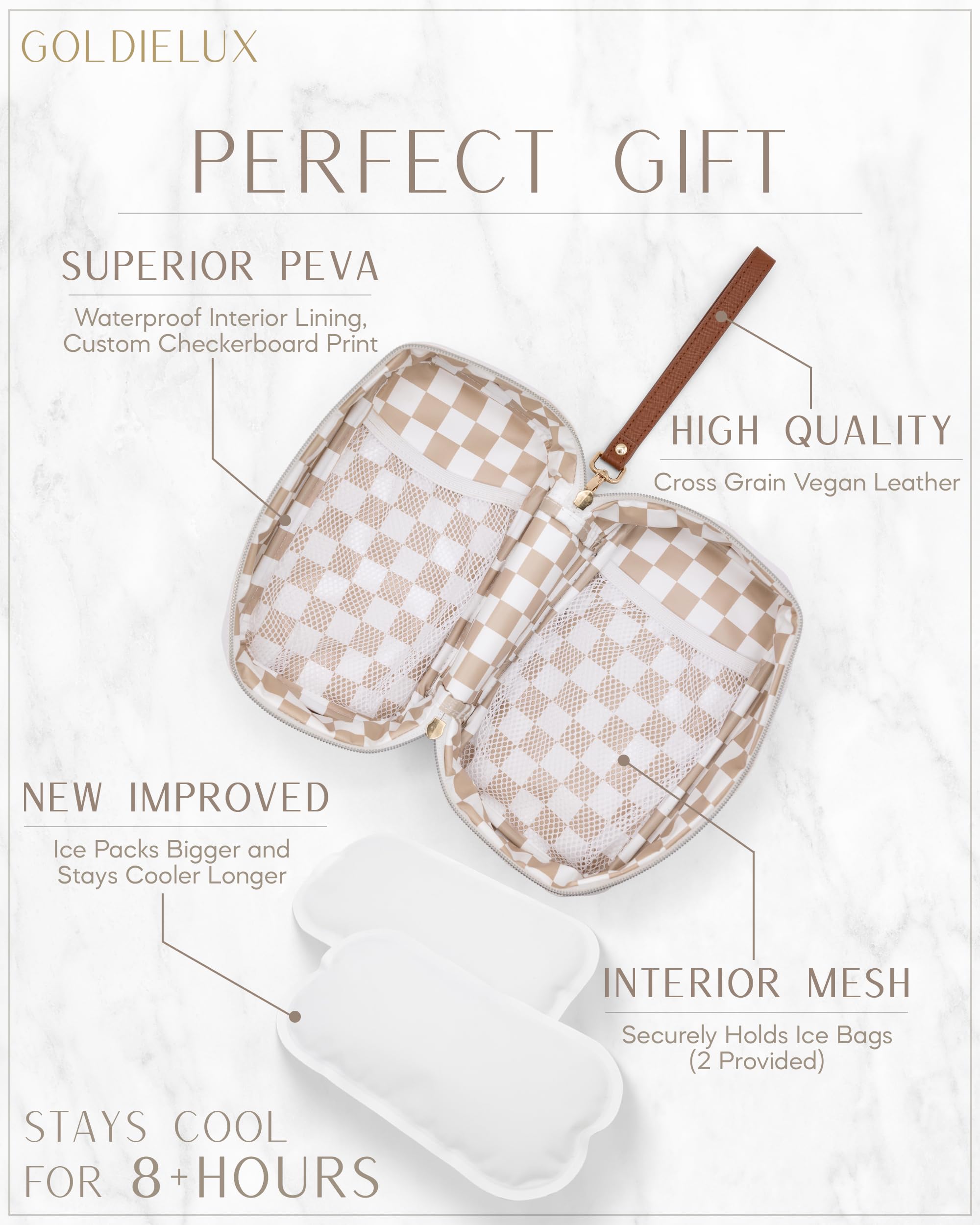 Waterproof Breast Milk Cooler Bag with Ice Pack - Insulated Travel Cooler for Breastmilk Storage, Checkerboard Interior & Leather Strap - Perfect for Moms On-the-Go, Daycare, or Traveling with Baby