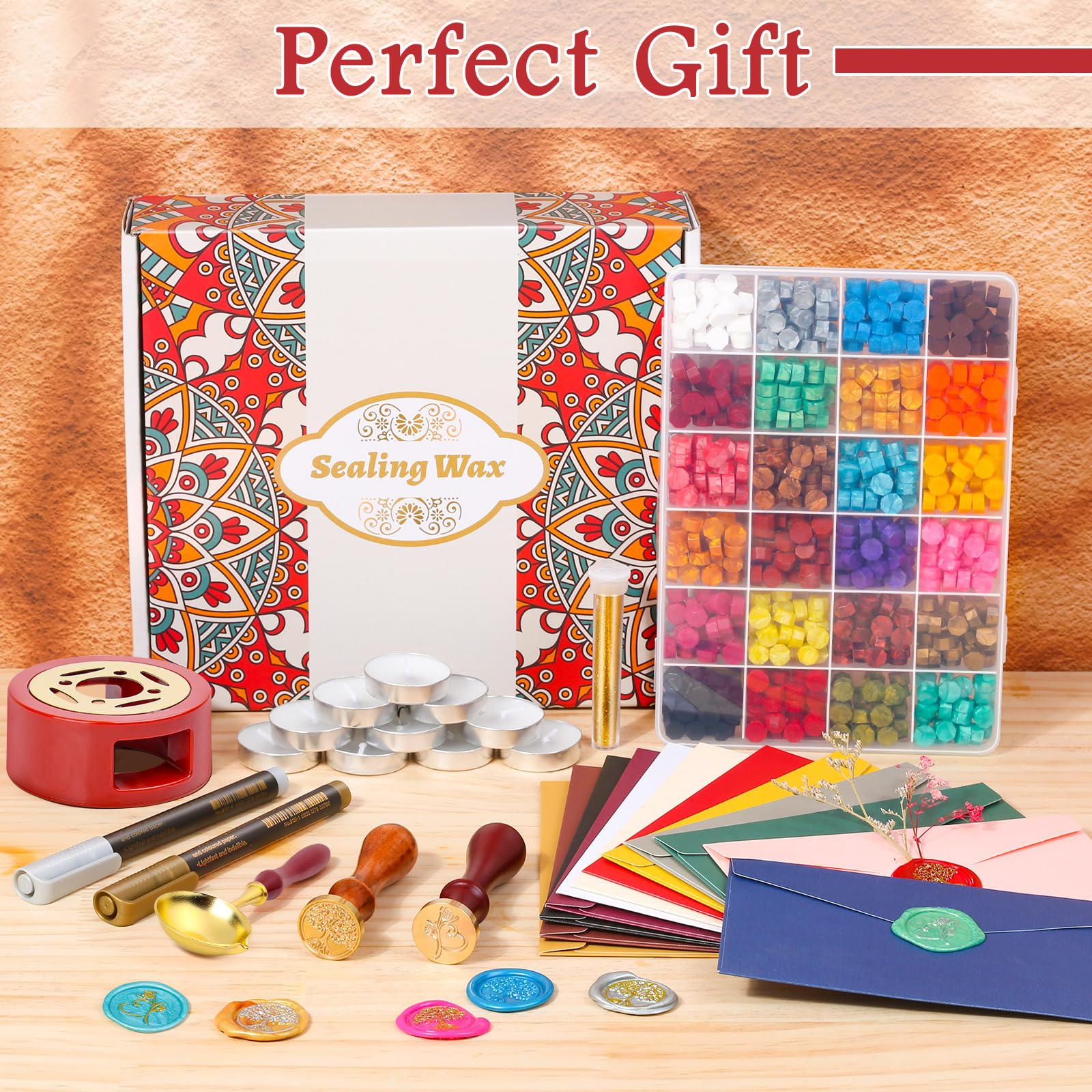 Premium Wax Seal Kit - 50 Wax Seal Beads, Custom Stamp, Electric Warmer, Wax Spoon & 10 Envelopes for Wedding Invitations, Diplomas & Vintage Letter Sealing - Elegant Gift Set for Calligraphy Lovers