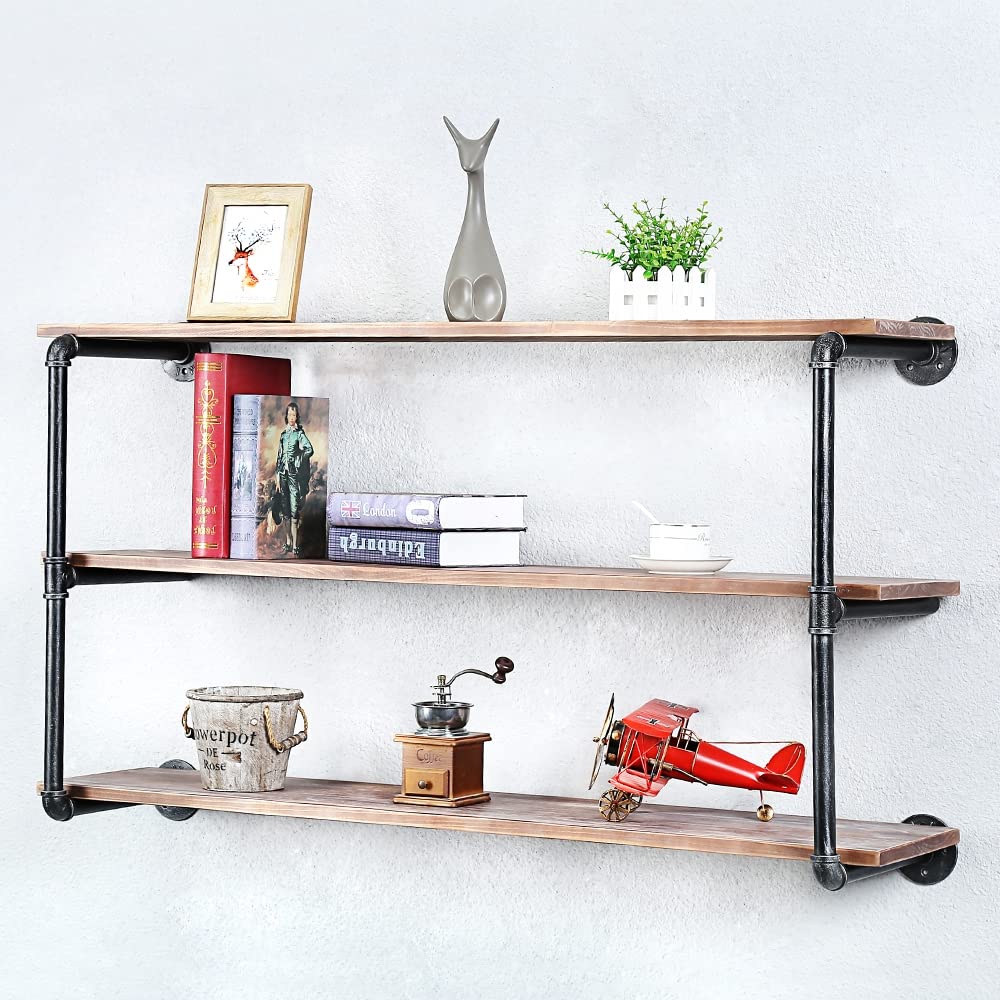 Industrial Pipe Floating Shelves - 3 Tier 48in Wall Mounted Wood & Metal Shelving for Books, Decor & Storage | Rustic Home Office & Living Room Organization