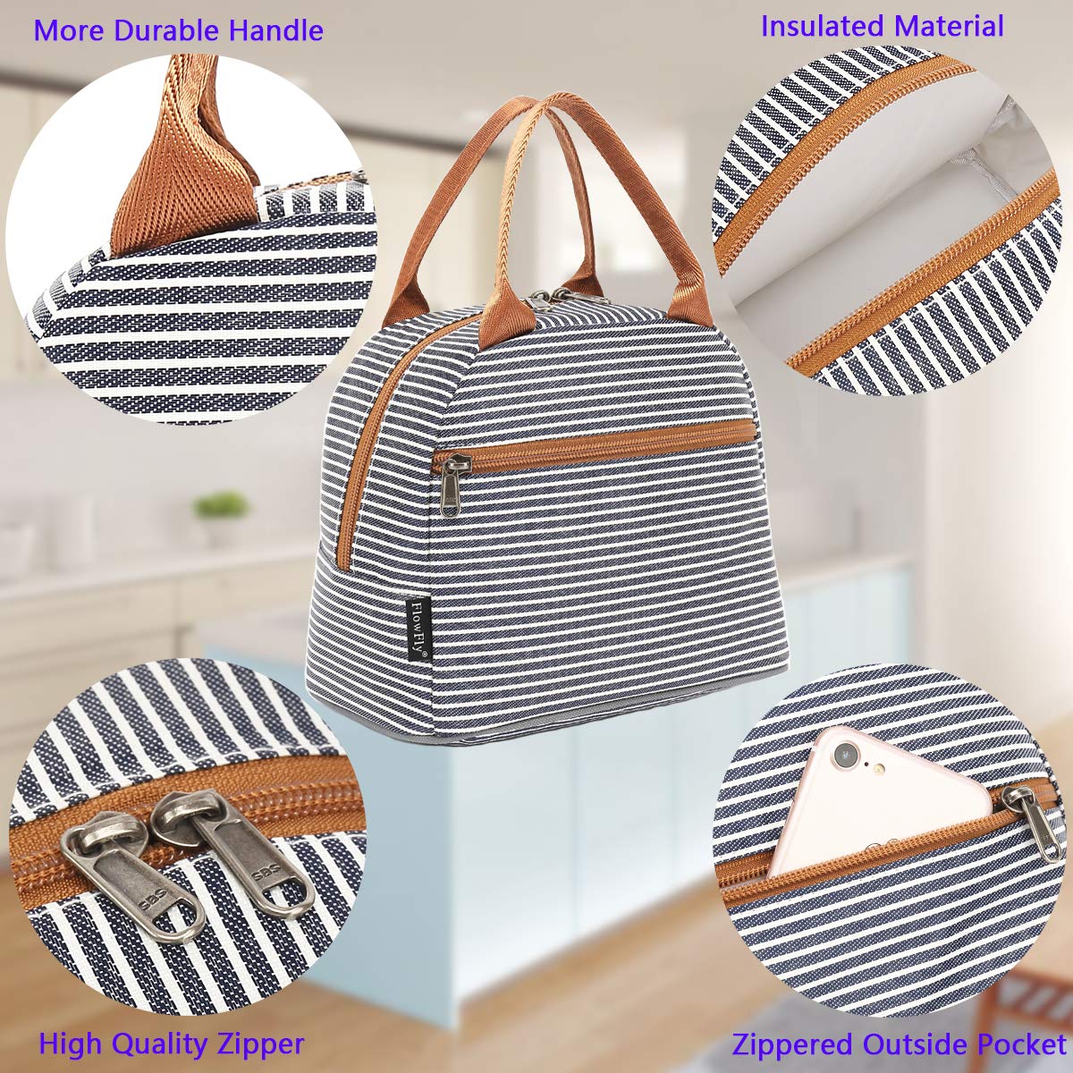 FlowFly Insulated Lunch Cooler Bag for Women & Men - White & Black Stripe Tote Organizer | Perfect for Work, School, Picnics & Outdoor Activities