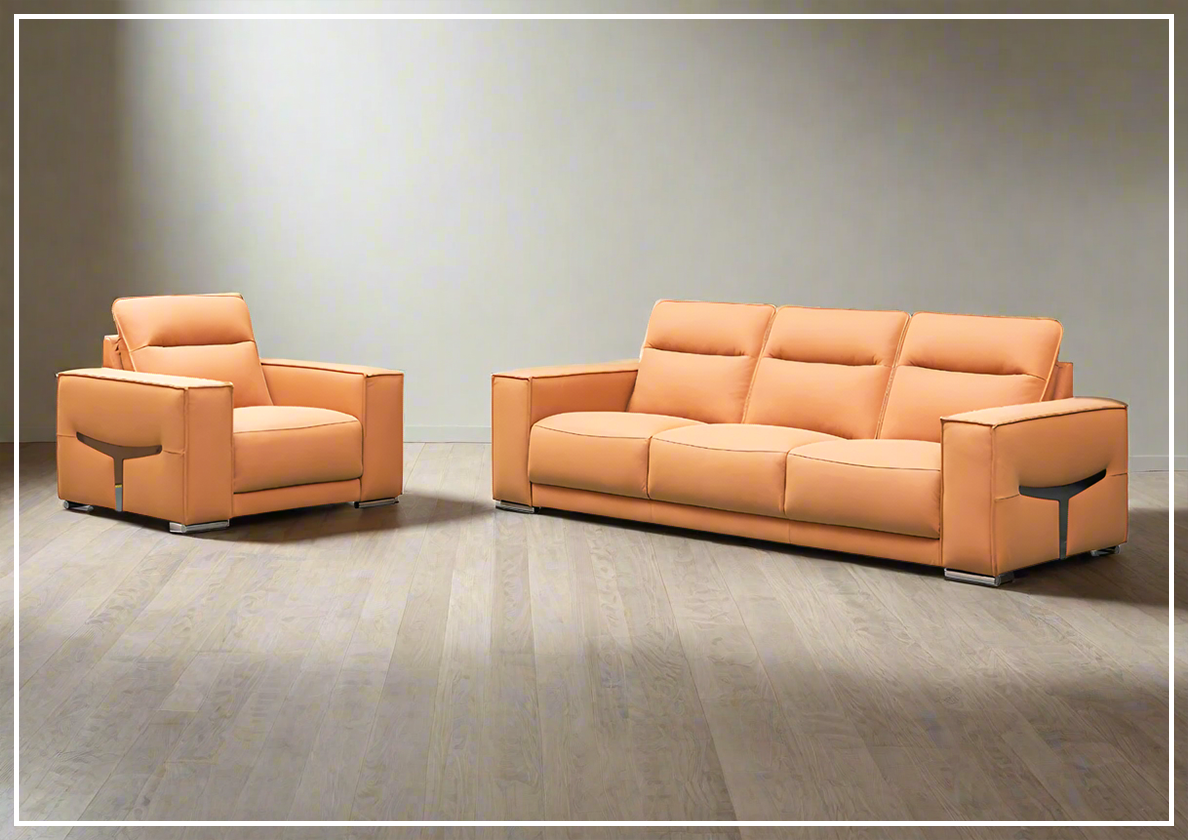 Klaussner Grazia 3-Seater Tufted Leather Sofa with Track Arms in Orange - Modern Living Room Furniture for Home & Office Comfort