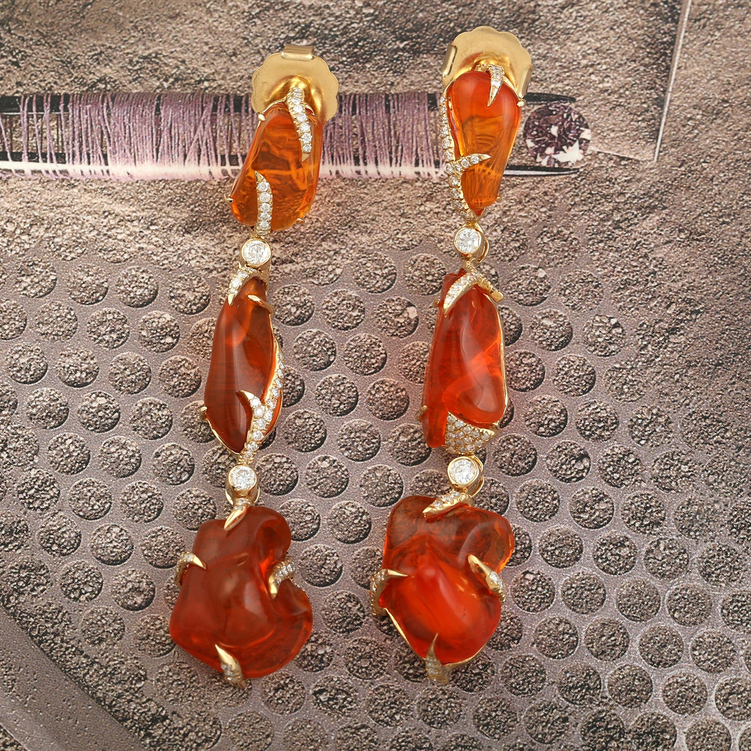 18K Yellow Gold Pave Diamond Fire Opal Drop Earrings for Women - Elegant Dangle Earrings for Parties, Weddings & Special Occasions